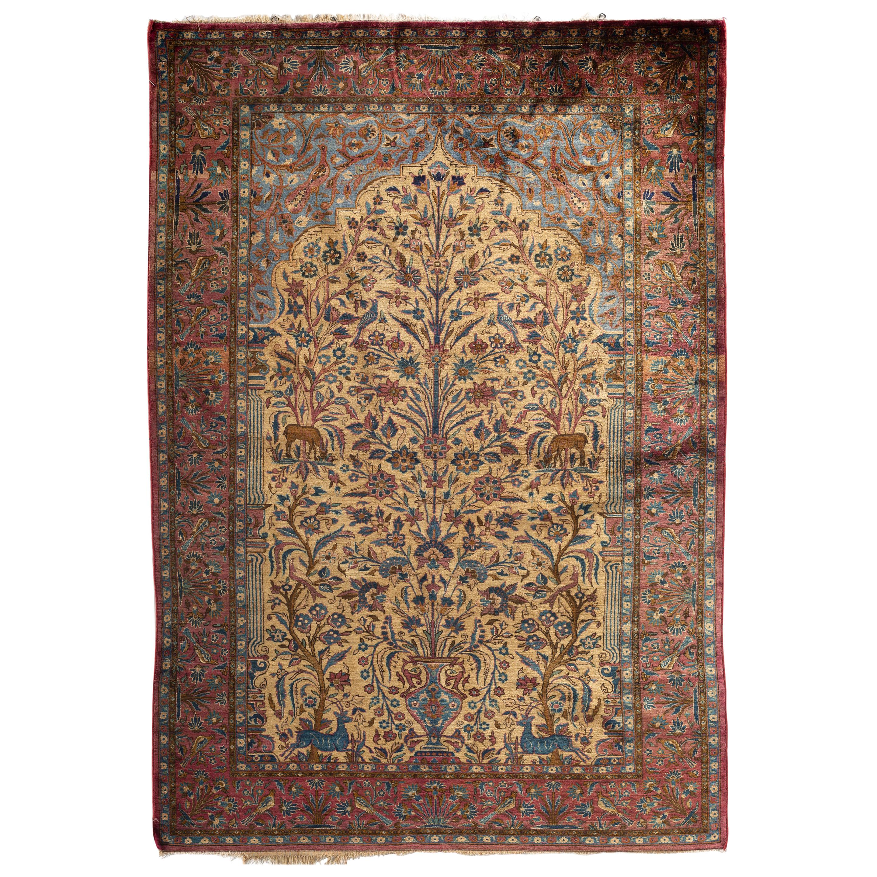 Antique Persian Silk Kashan Pictorial Rug, circa 1900 