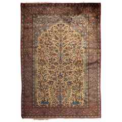 Tapis pictural persan ancien en soie de Kashan, vers 1900 