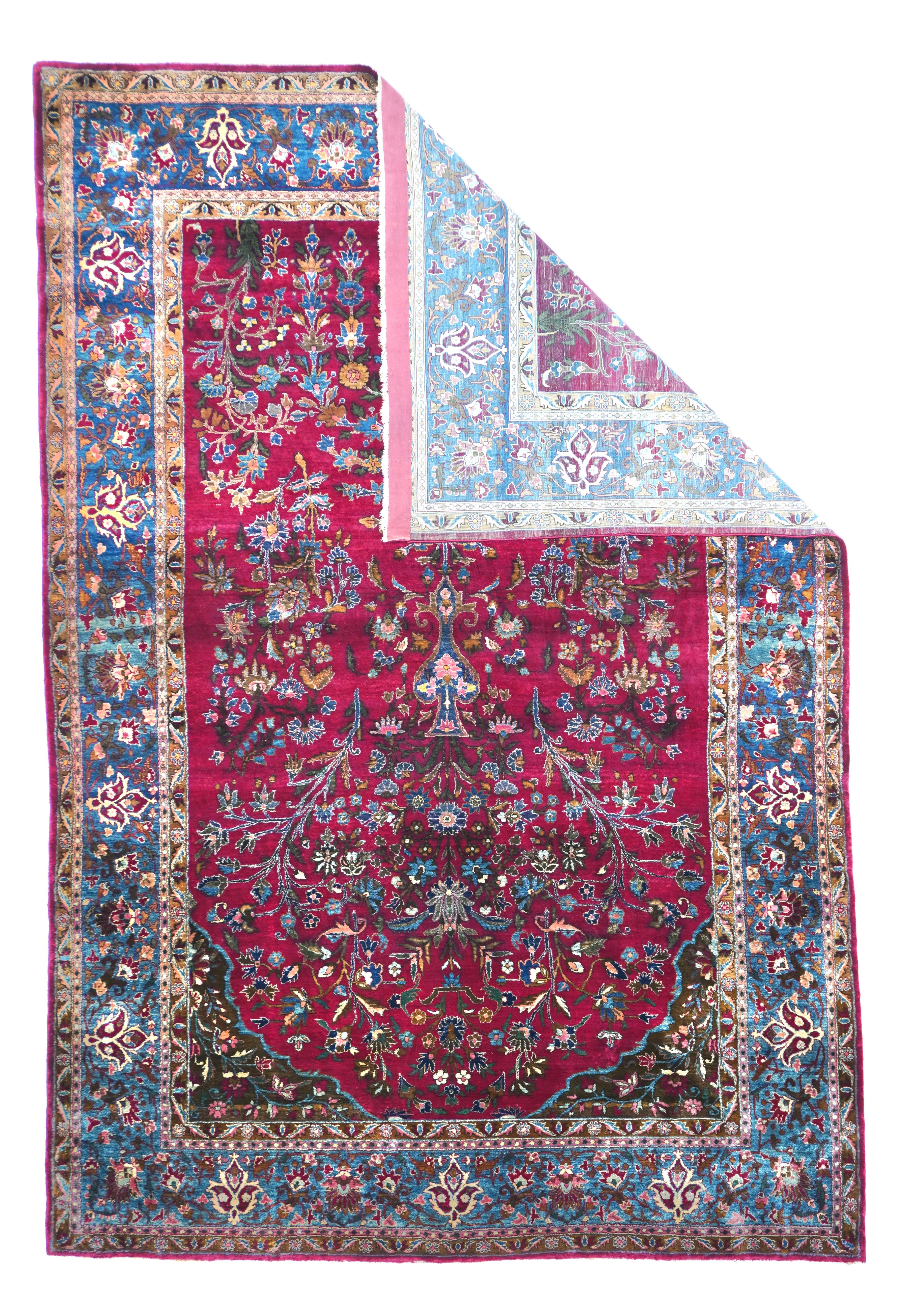 Antique Persian Silk Kashan Rug 4'5'' x 6'6''. Central Persian city known for finely woven. room size and scatter rugs, with dominant reds and navy, and medallion patterns and swirling palmettes. Wool and a few silk pieces.  Active since the 16th
