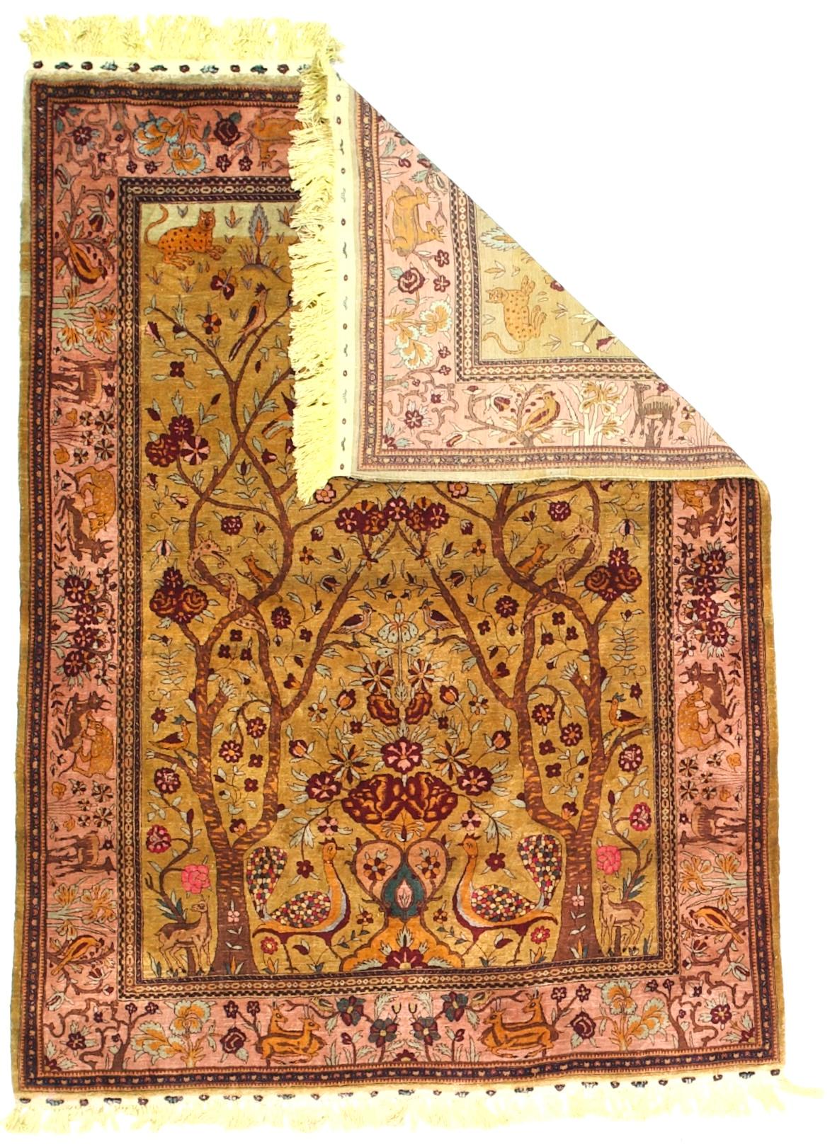 Antique Persian Silk Kashan Tree of Life Rug 4’8