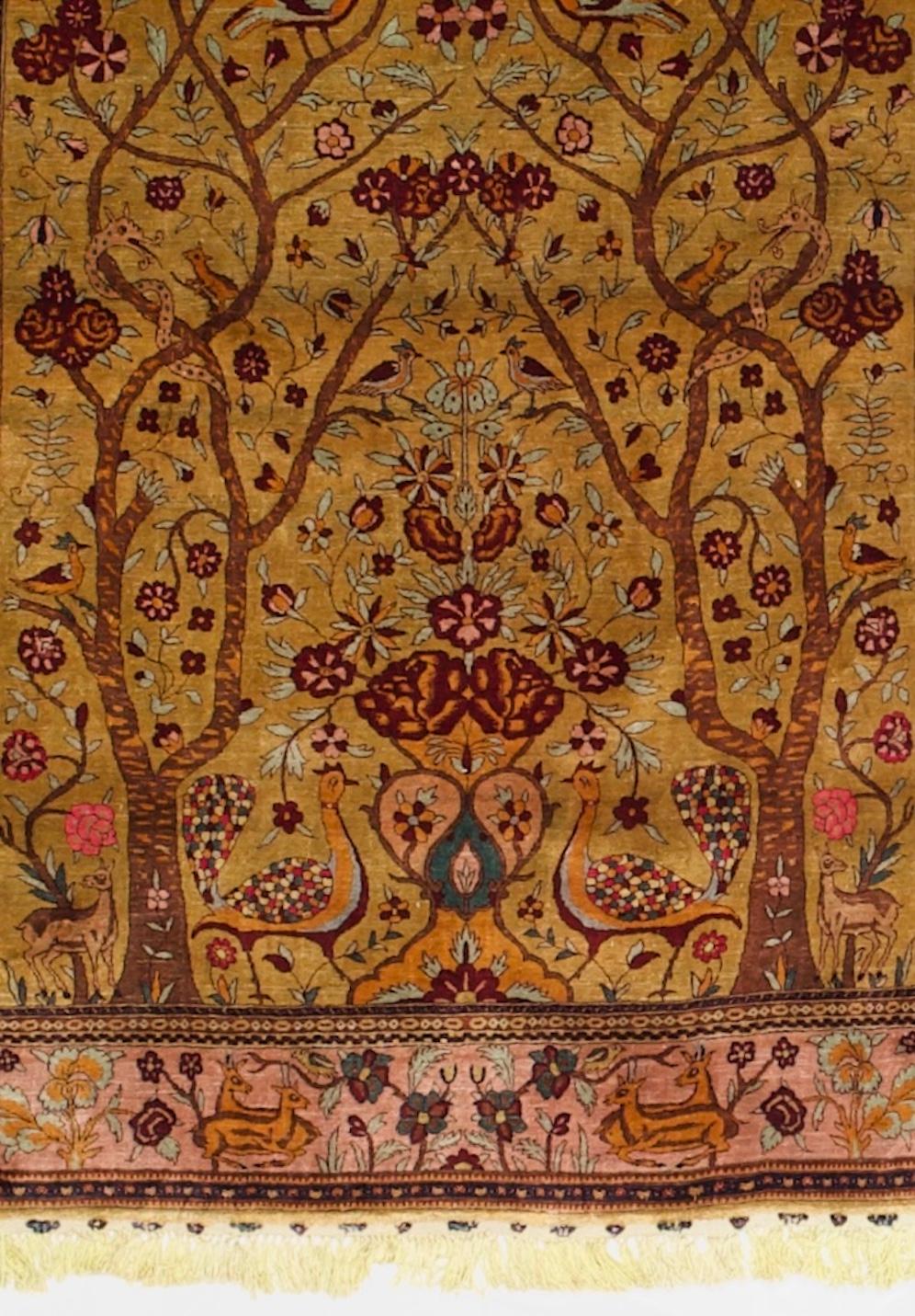 Antique Persian Silk Kashan Tree of Life Rug 4’8