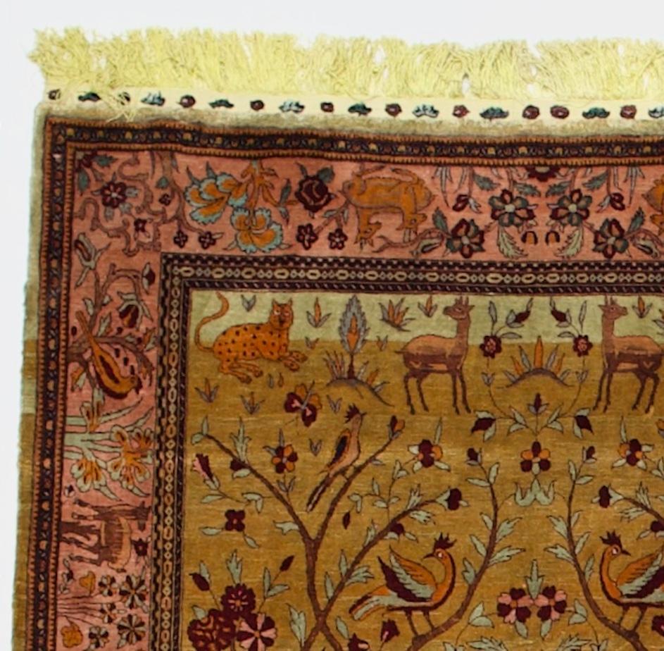 20th Century Antique Persian Silk Kashan Tree of Life Rug 4’8