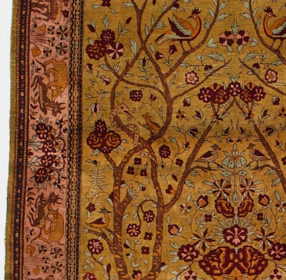 Antique Persian Silk Kashan Tree of Life Rug 4’8