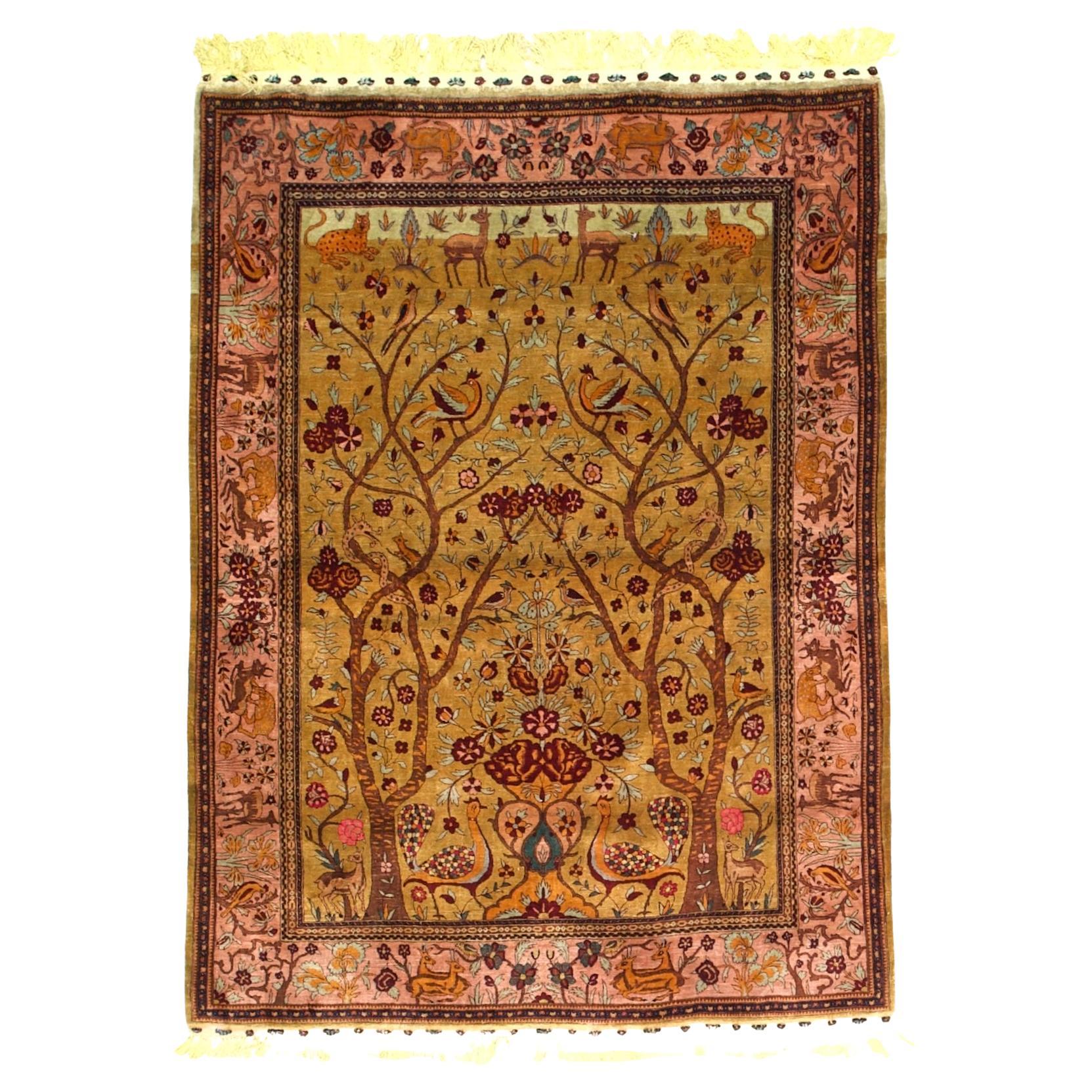Antique Persian Silk Kashan Tree of Life Rug 4’8" x 6’4" For Sale
