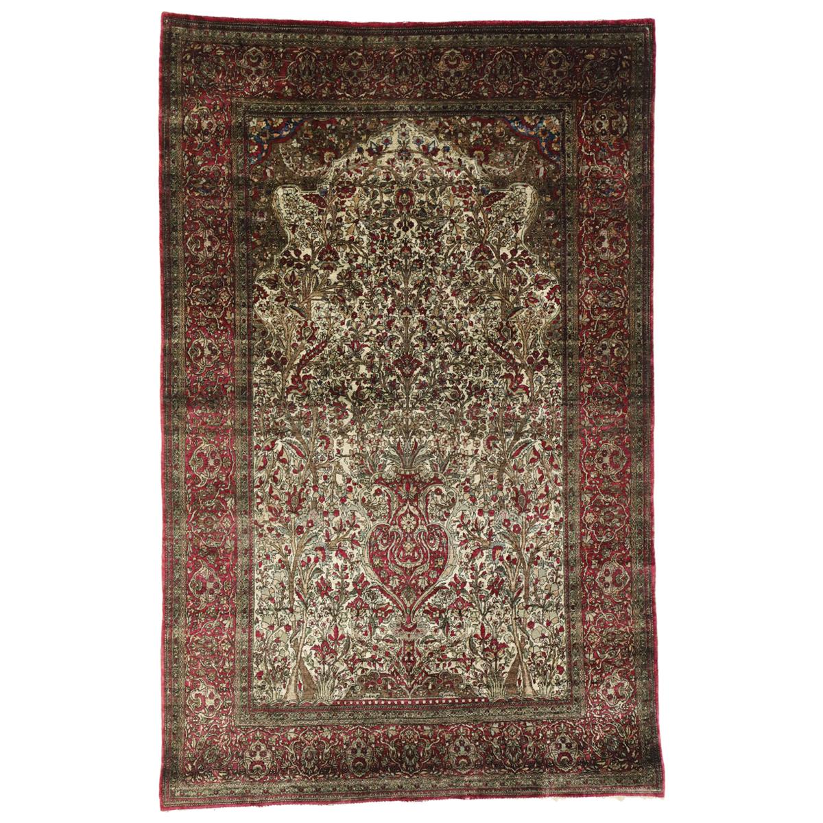 Antique Persian Silk Kashan Prayer Rug with Empire Regency Style For Sale