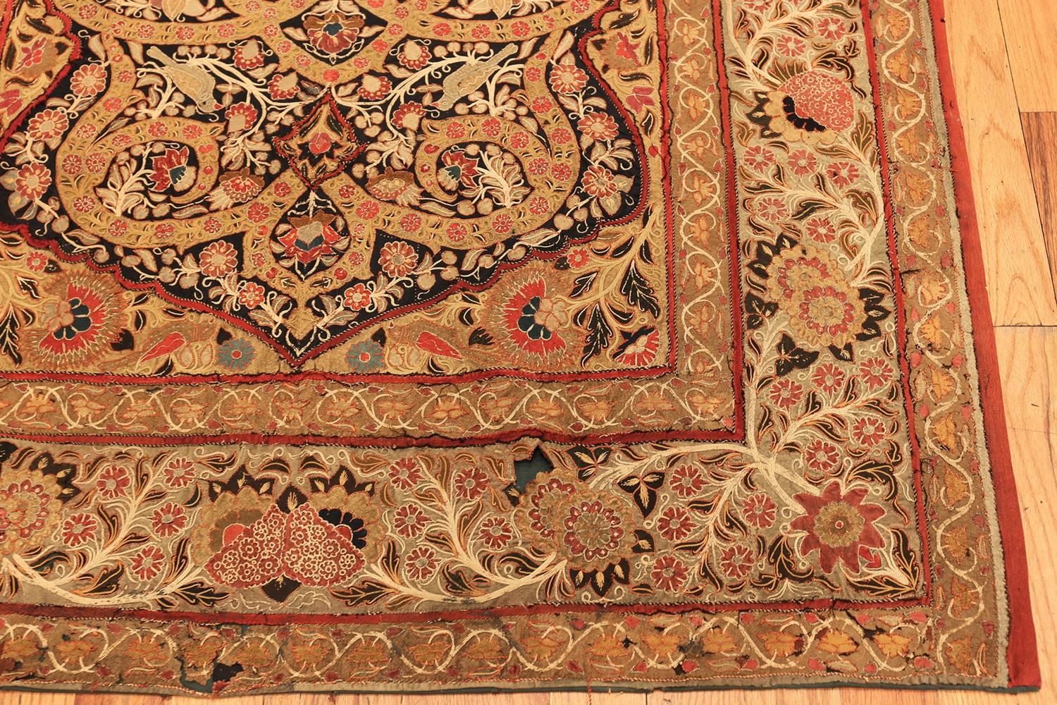 Hand-Woven Antique Persian Silk Embroidery. 4 ft. 5 in x 7 ft. 5 in For Sale