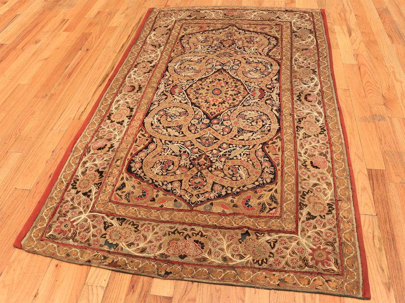 20th Century Antique Persian Silk Embroidery. 4 ft. 5 in x 7 ft. 5 in For Sale