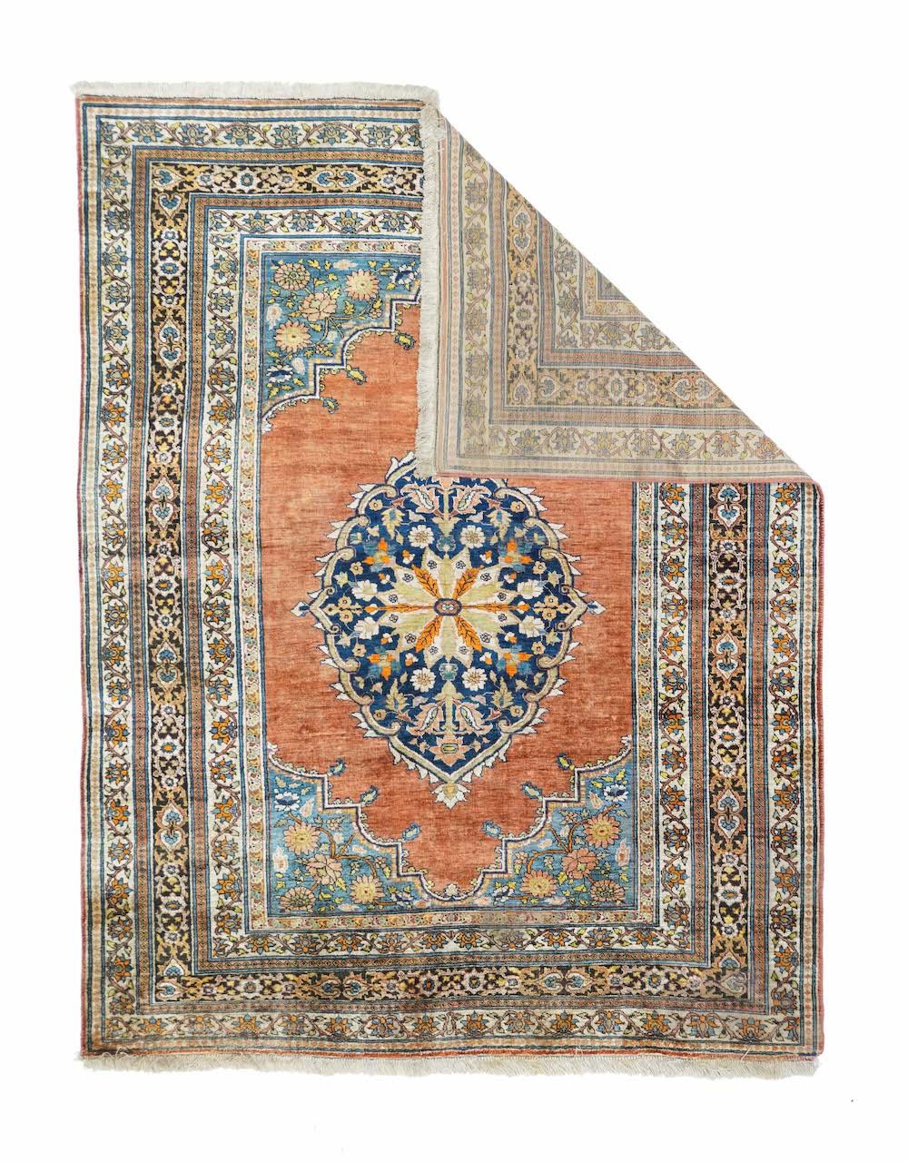 Tappeto antico in seta persiana Tabriz Haji Jalili 4'3'' x 5'5''.