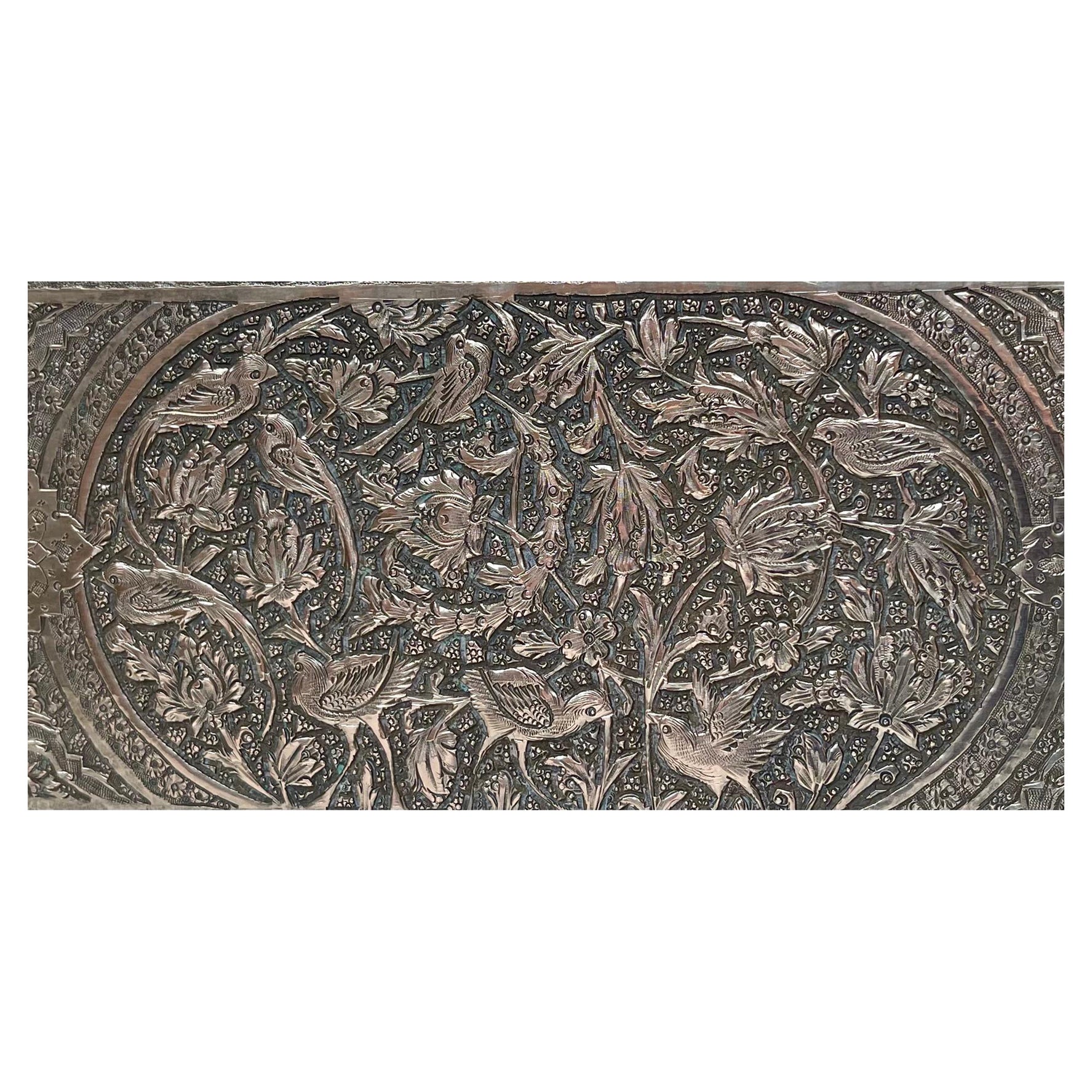 Antique Persian Silver Box Carved Repose with Birds, 1920s For Sale