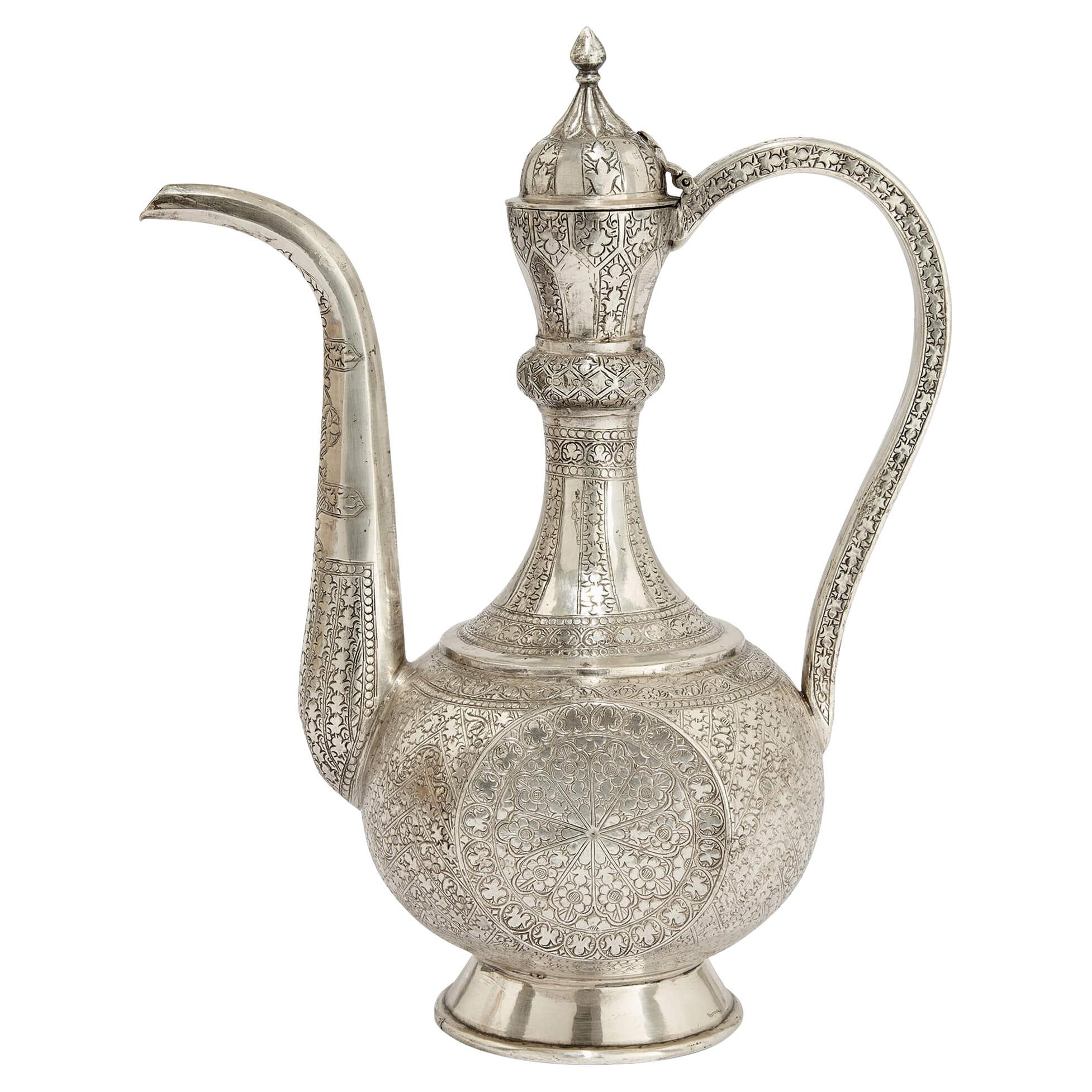 Antique Persian Silver Hand Engraved Ewer Vase For Sale