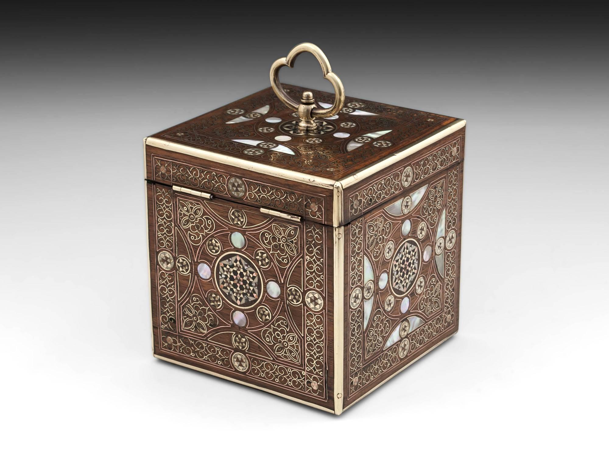 Antique Persian Single Brass Inlaid Tea Caddy 19th Century In Good Condition In Northampton, United Kingdom