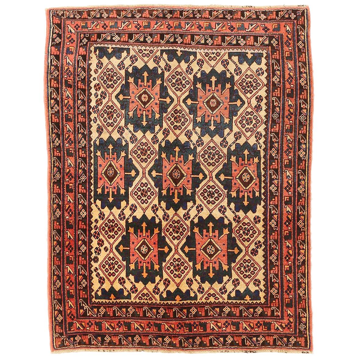 Antique Persian Sirjan Rug with Black and Red Geometric Medallions