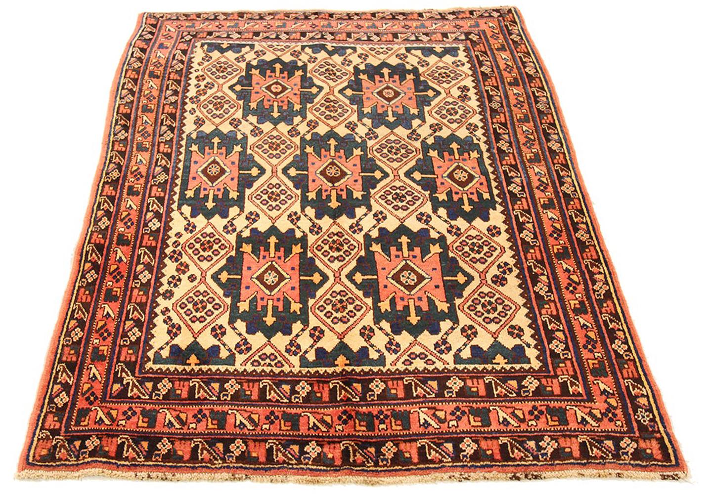 Antique Persian Sirjan rug handwoven from the finest sheep’s wool and colored with all-natural vegetable dyes that are safe for humans and pets. It’s a traditional Sirjan design featuring geometric medallion details in black and red over an ivory