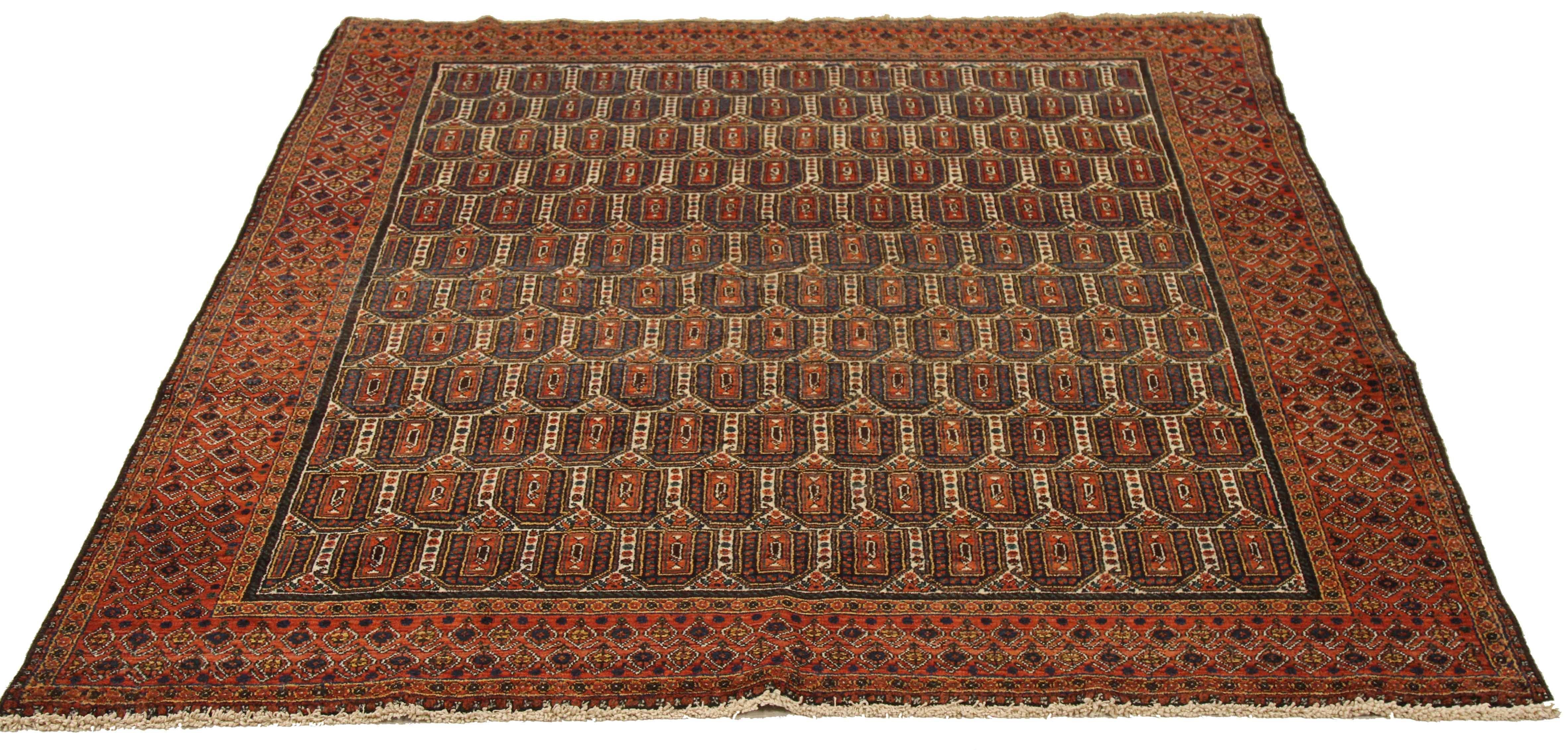 Hand-Woven Antique Persian Sirjan Rug with Navy Blue & White Geometric Details All-Over For Sale