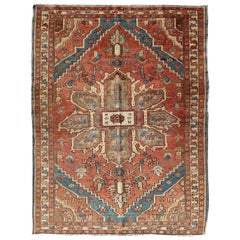 Antique Persian Small Serapi Carpet in Salmon, Light Blue and Ivory