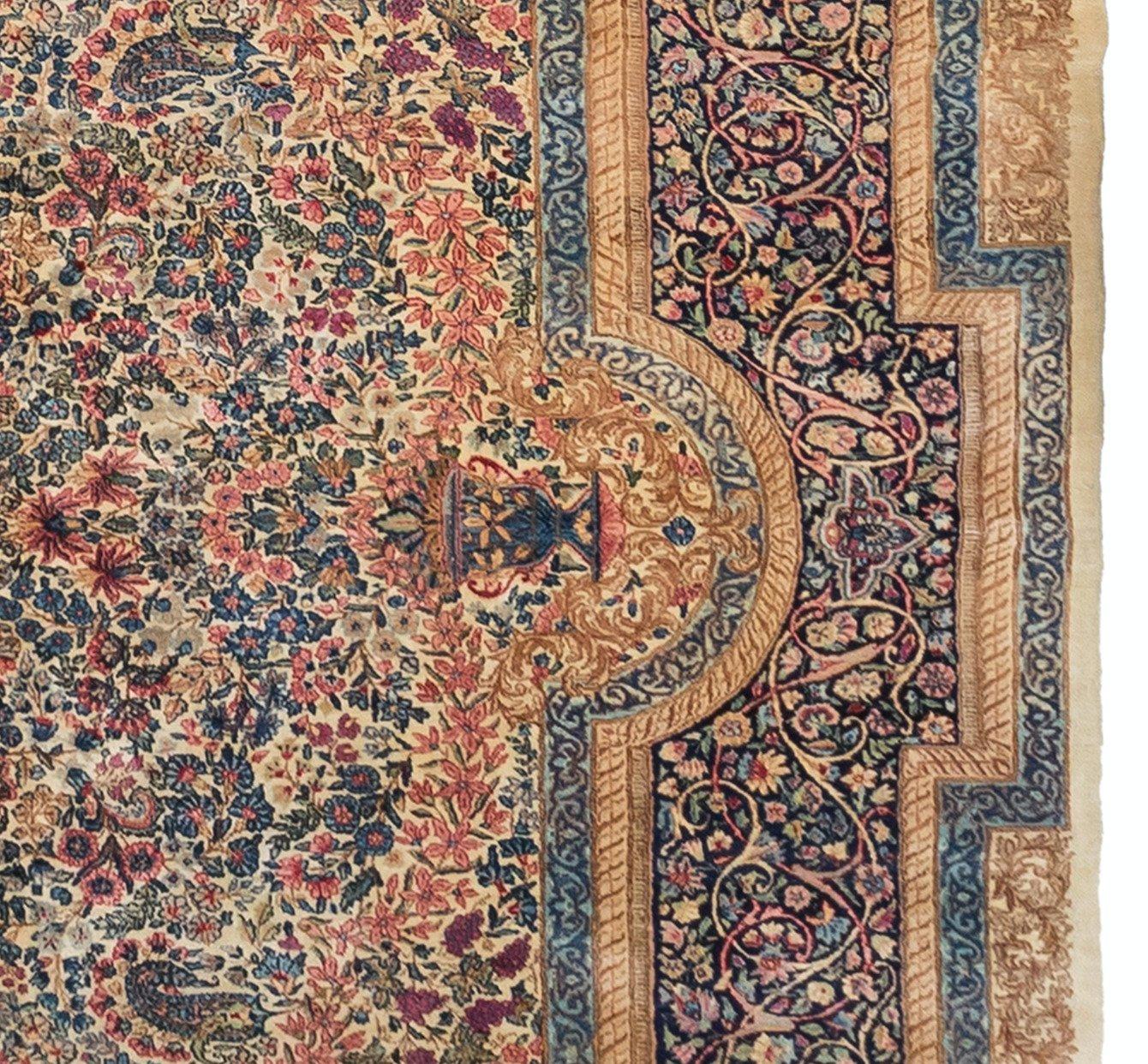 Antique Persian Square Rose Ivory Navy Blue Floral Kirman Rug, circa 1920s In Good Condition For Sale In New York, NY