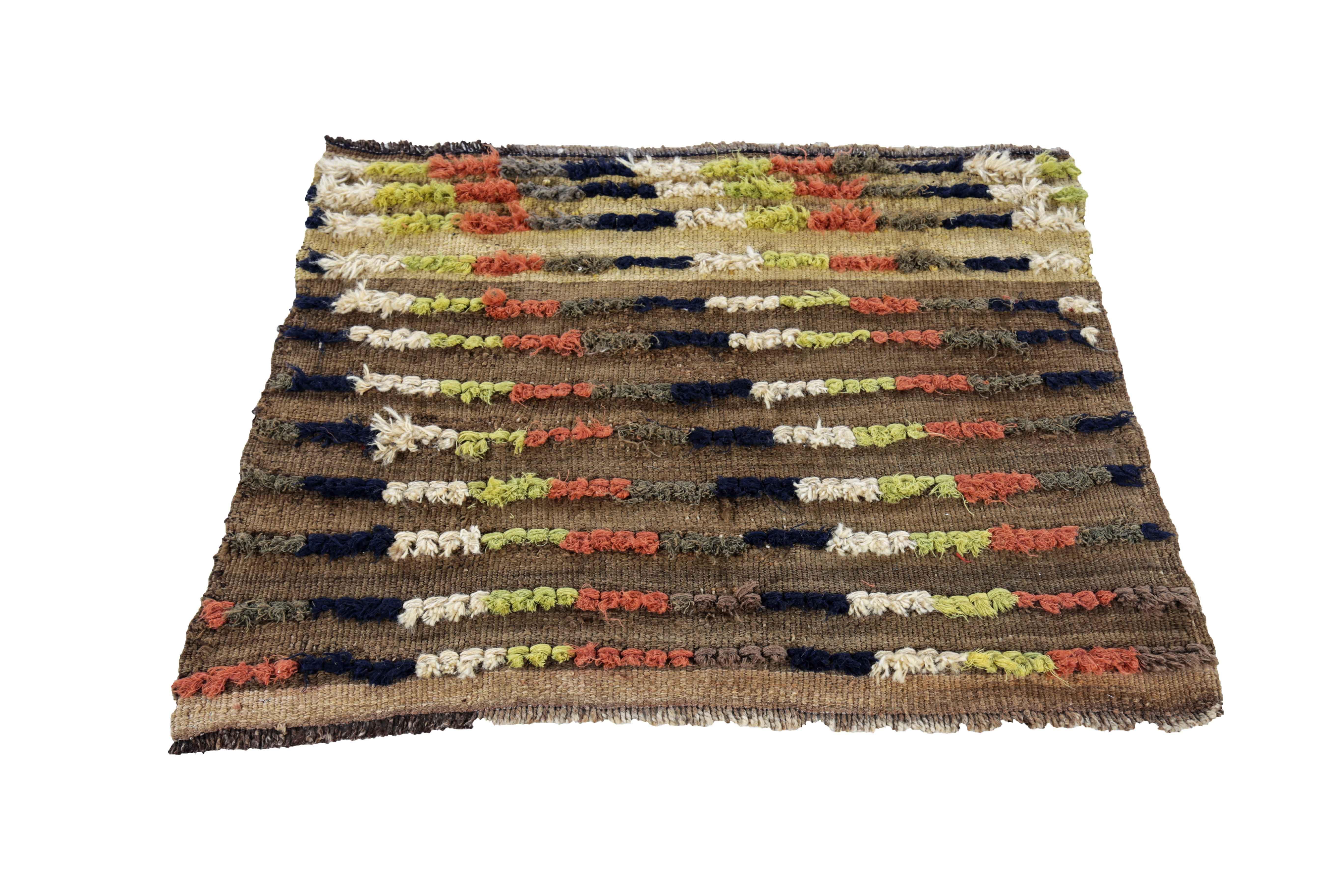 Antique Persian square rug handwoven from the finest sheep’s wool. It’s colored with all-natural vegetable dyes that are safe for humans and pets. It’s a traditional Gabbeh design handwoven by expert artisans. It’s a lovely square rug that can be
