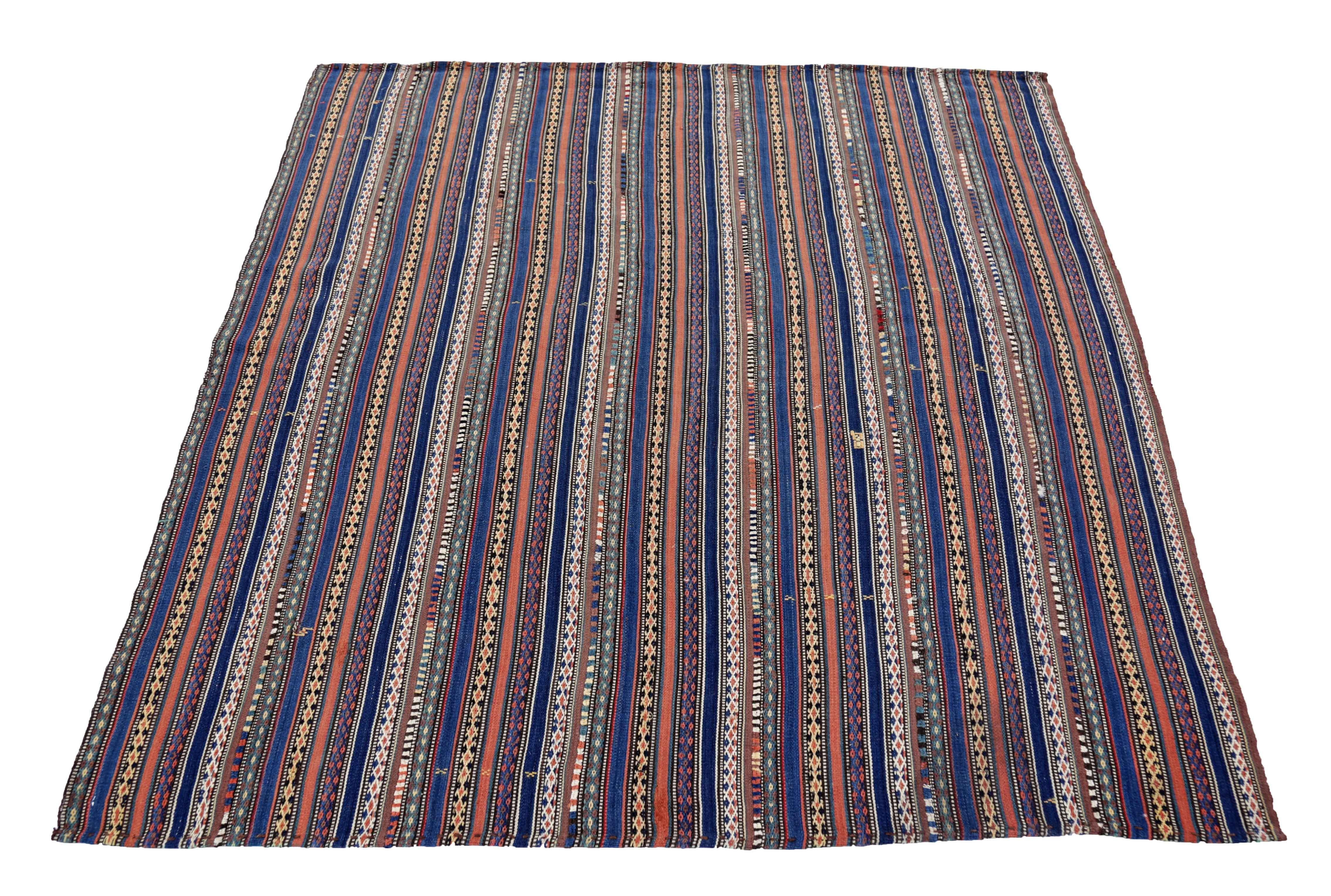 Antique Persian square rug handwoven from the finest sheep’s wool. It’s colored with all-natural vegetable dyes that are safe for humans and pets. It’s a traditional Jajm design handwoven by expert artisans. It’s a lovely square rug that can be