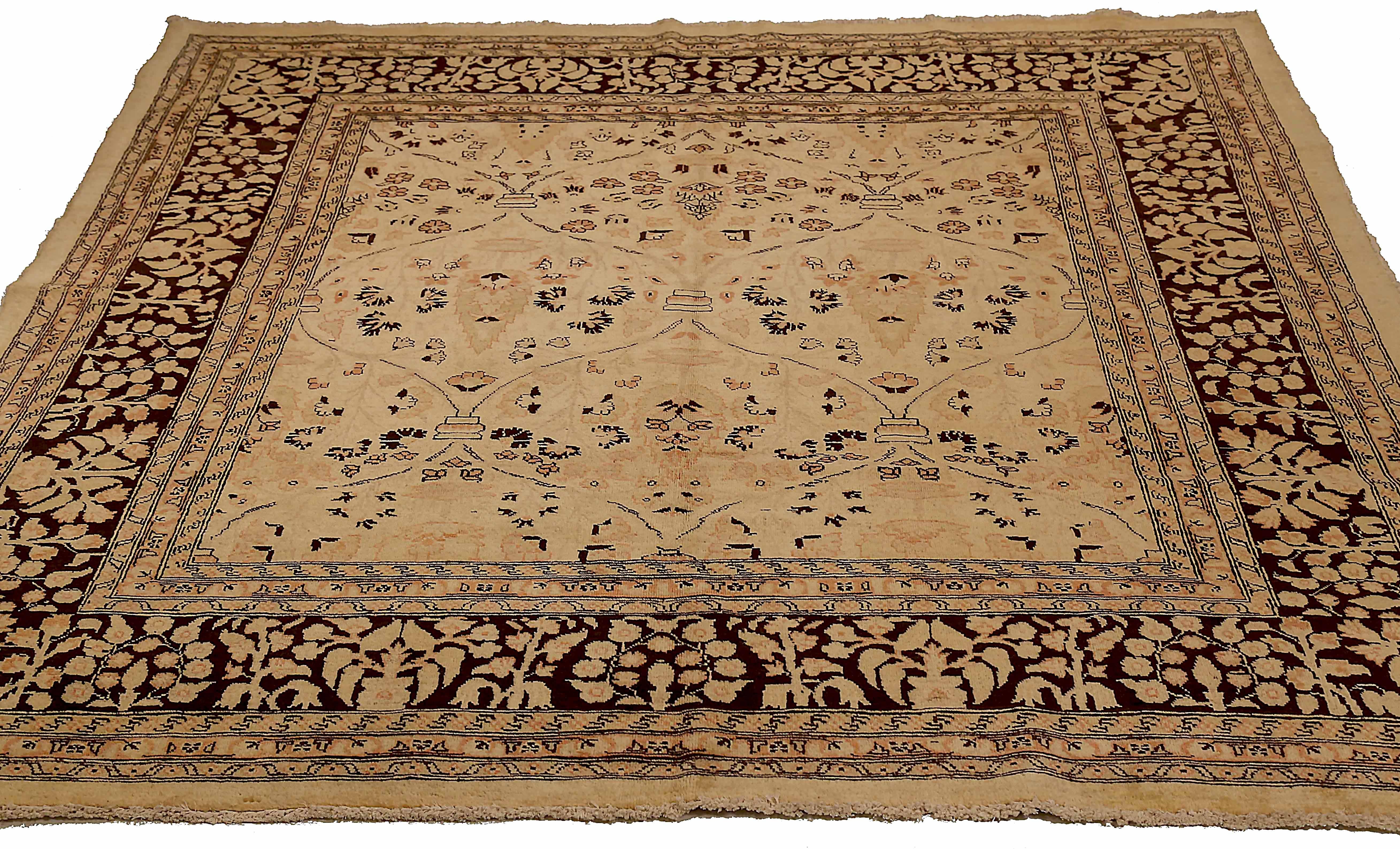 Antique Persian square rug handwoven from the finest sheep’s wool. It’s colored with all-natural vegetable dyes that are safe for humans and pets. It’s a traditional Tabriz design handwoven by expert artisans. It’s a lovely square rug that can be