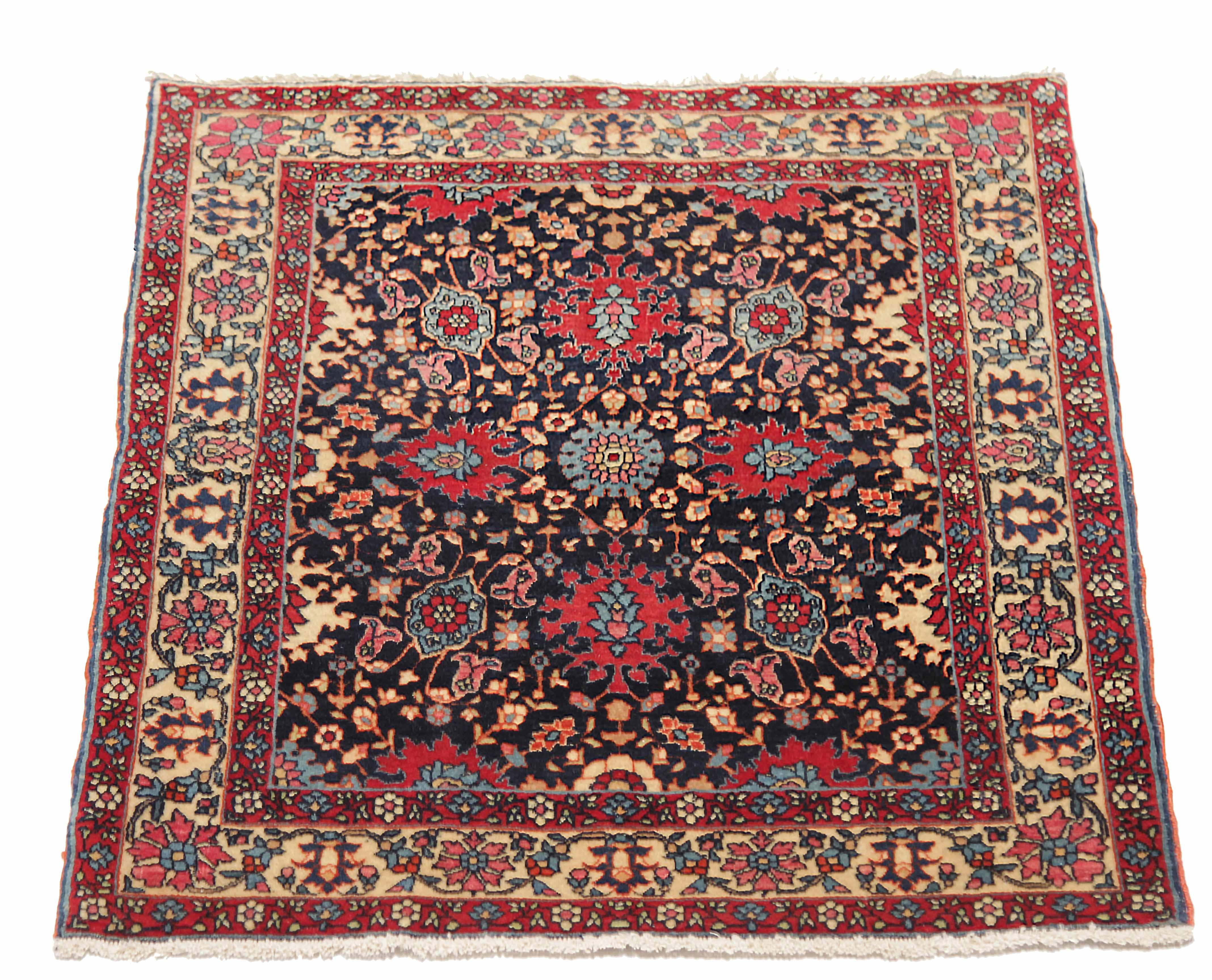 Antique Persian square rug handwoven from the finest sheep’s wool. It’s colored with all-natural vegetable dyes that are safe for humans and pets. It’s a traditional Tehran design handwoven by expert artisans. It’s a lovely square rug that can be