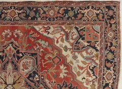 Antique Persian Square Serapi Carpet, Handmade Rug Ivory, Gold, Navy, Rusty Red