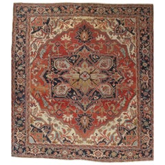Antique Persian Square Serapi Carpet, Handmade Rug Ivory, Gold, Navy, Rusty Red