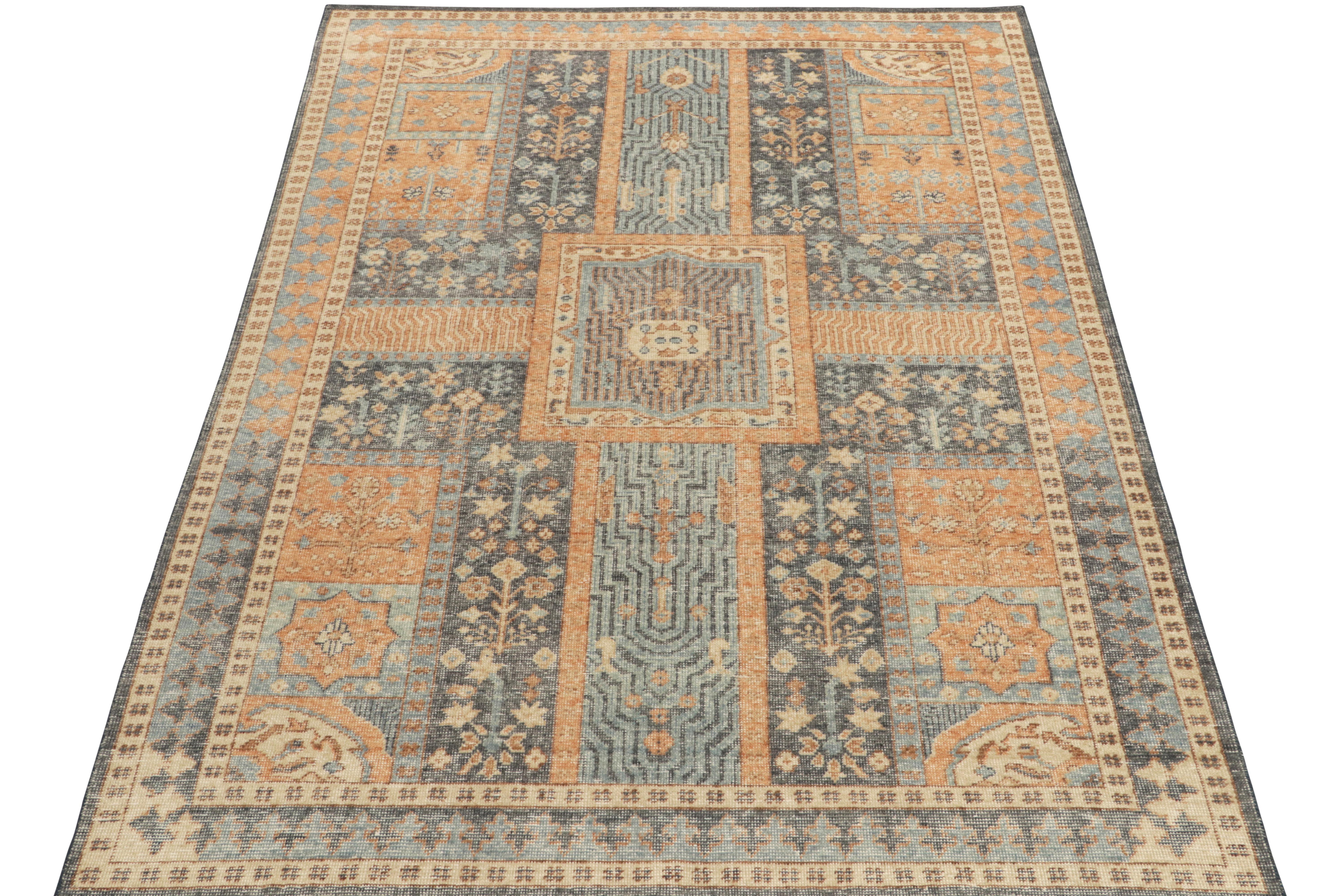 From Rug & Kilim’s Homage selections, a hand-knotted 6x9 piece in distressed style inspired by antique Persian garden rug designs. Rich blue seemingly indicates ponds while golden-orange patterns represent pathways of the royal garden. Connoisseurs