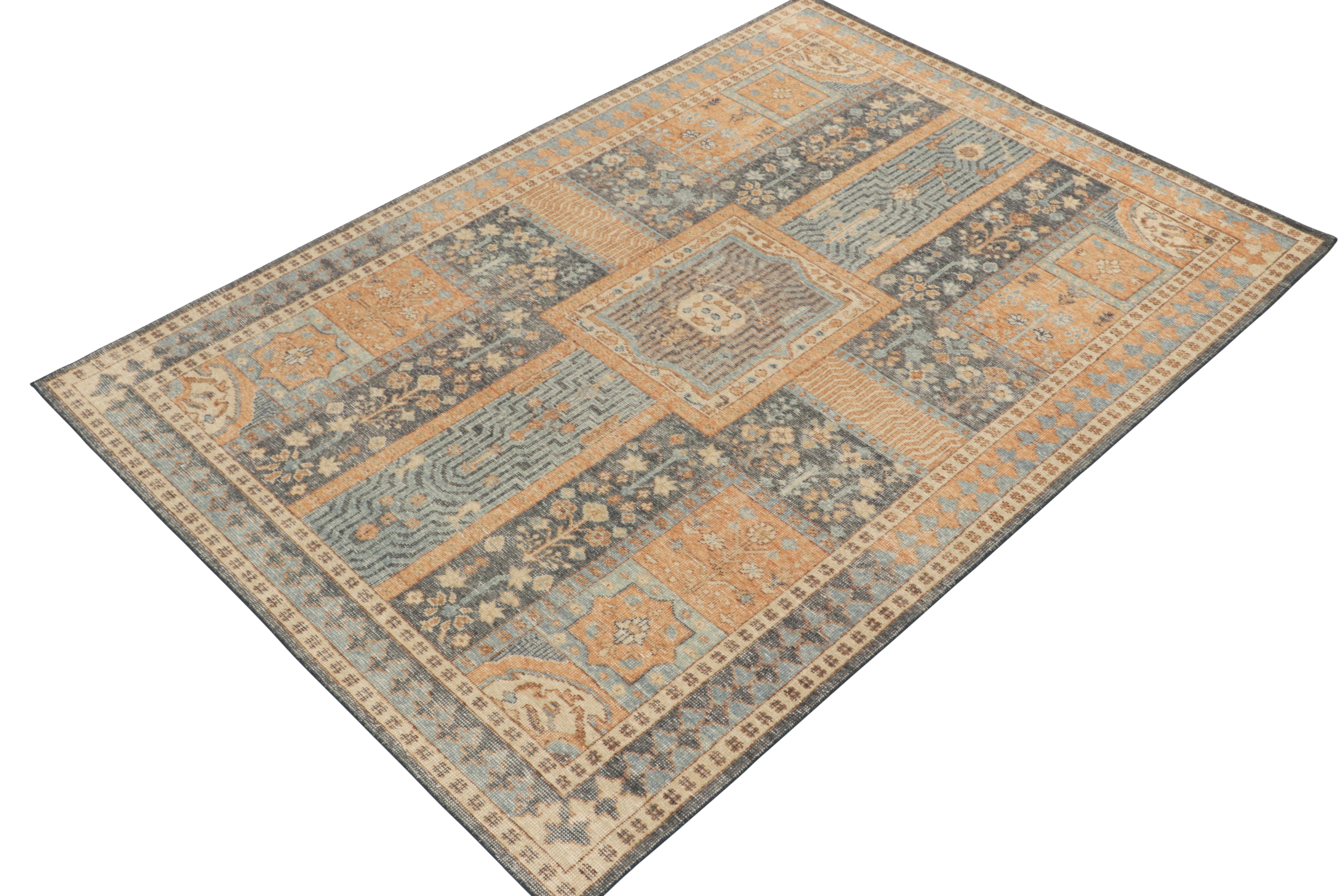 Indian Rug & Kilim's Antique Persian Style Distressed Rug in Blue, Gold Garden Pattern For Sale