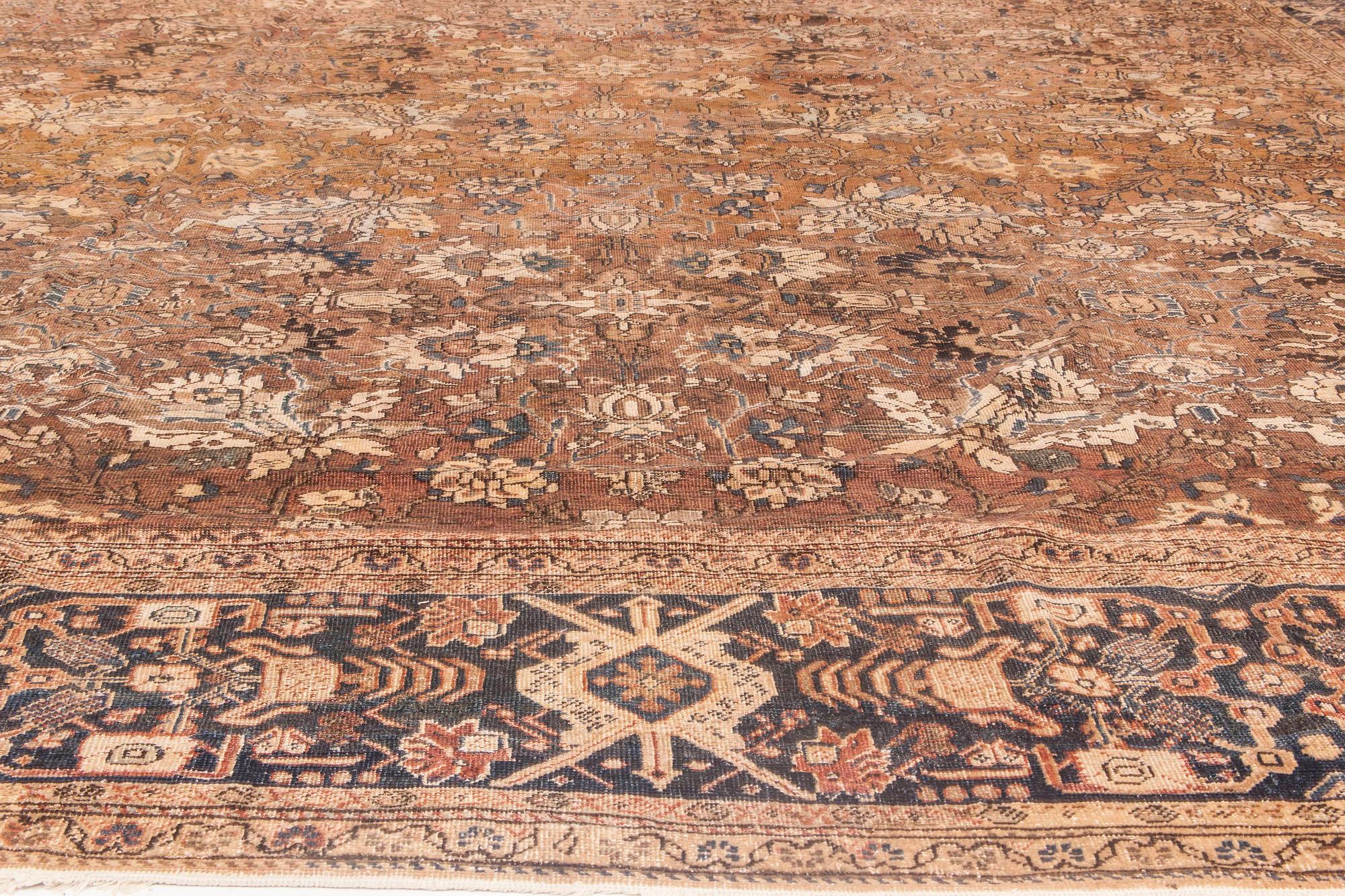20th Century Antique Persian Sultanabad Brown Handwoven Wool Rug For Sale