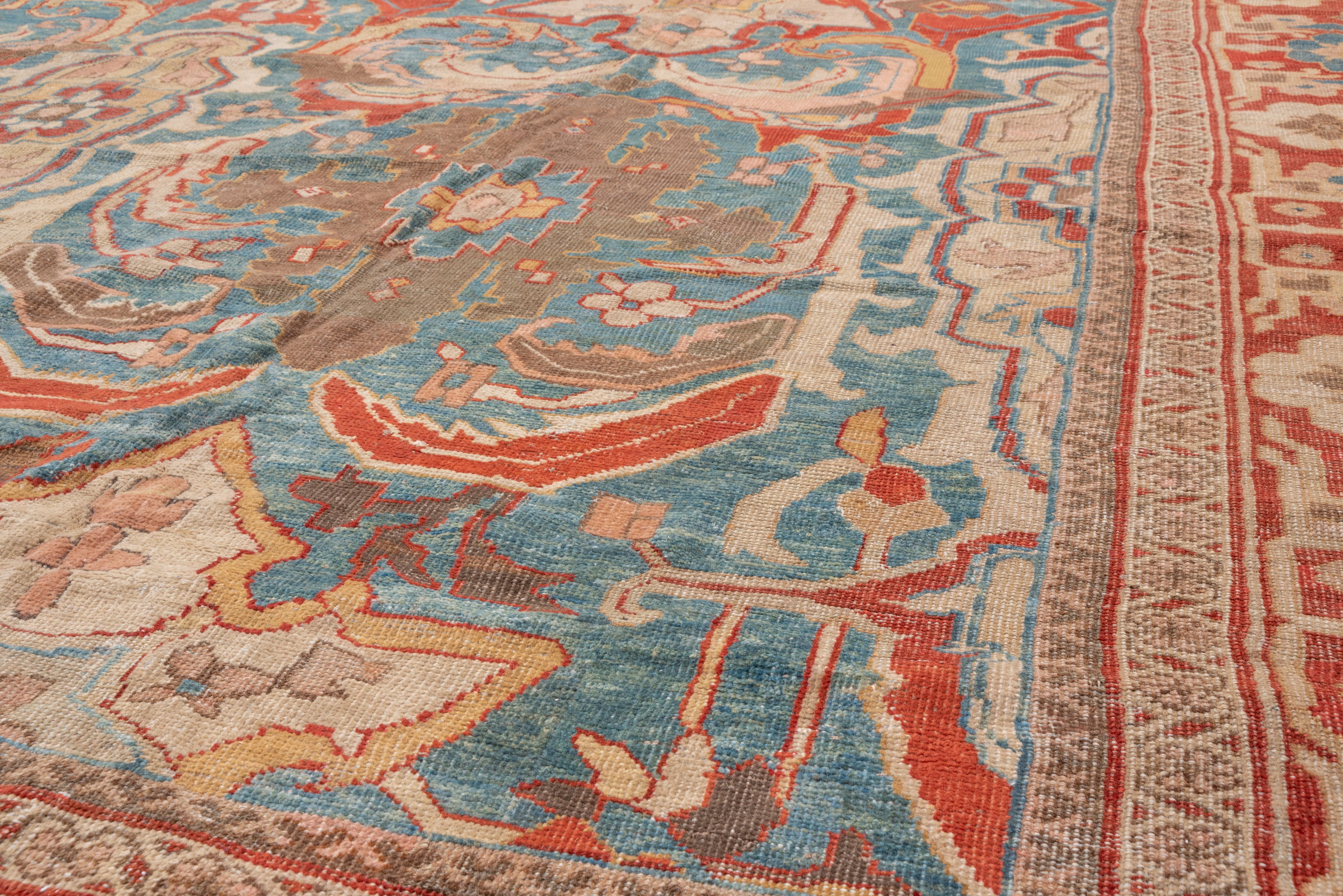 Hand-Knotted Antique Persian Sultanabad Carpet, Allover Field, Bright Blue Field, Red Border For Sale