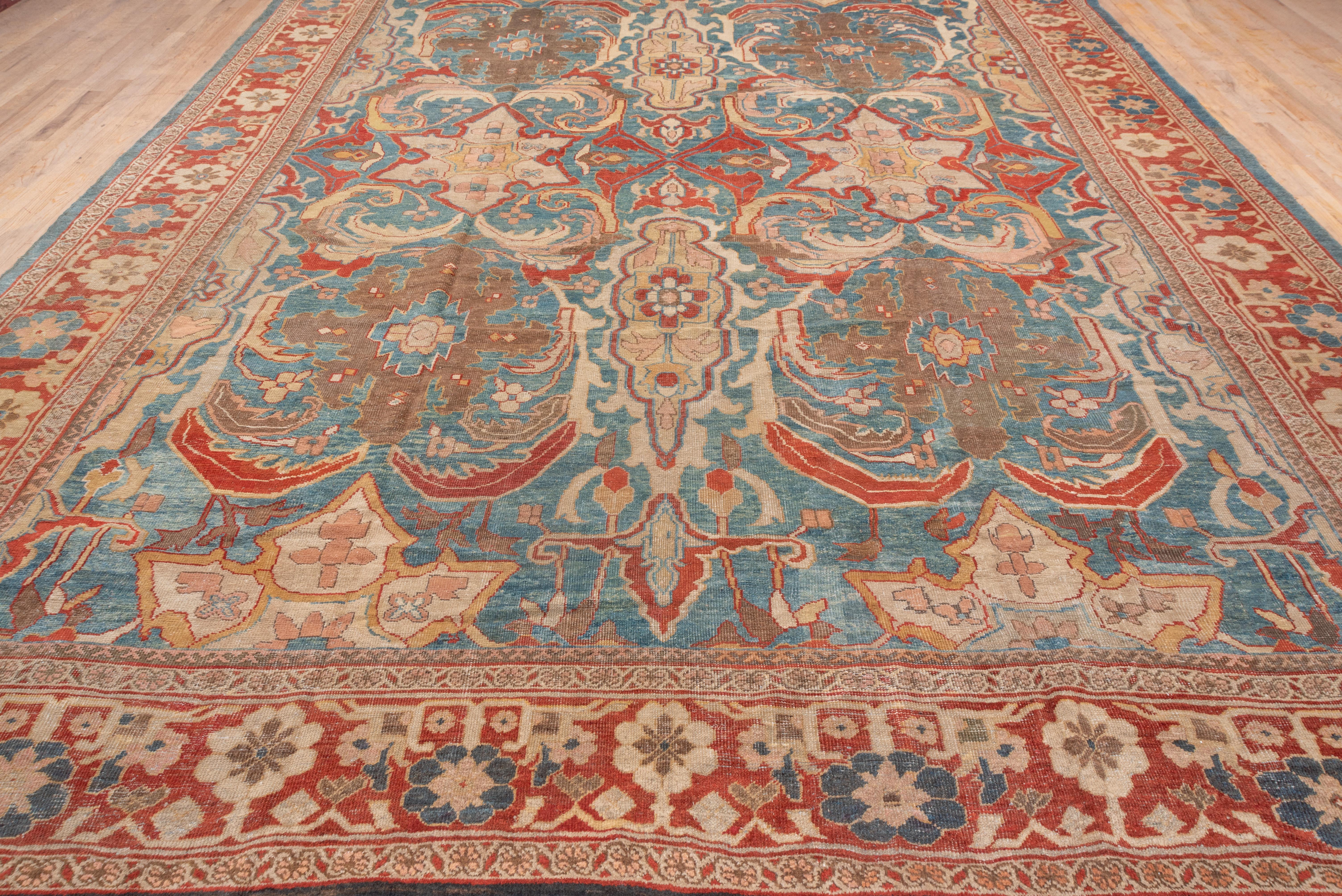 Antique Persian Sultanabad Carpet, Allover Field, Bright Blue Field, Red Border In Good Condition For Sale In New York, NY