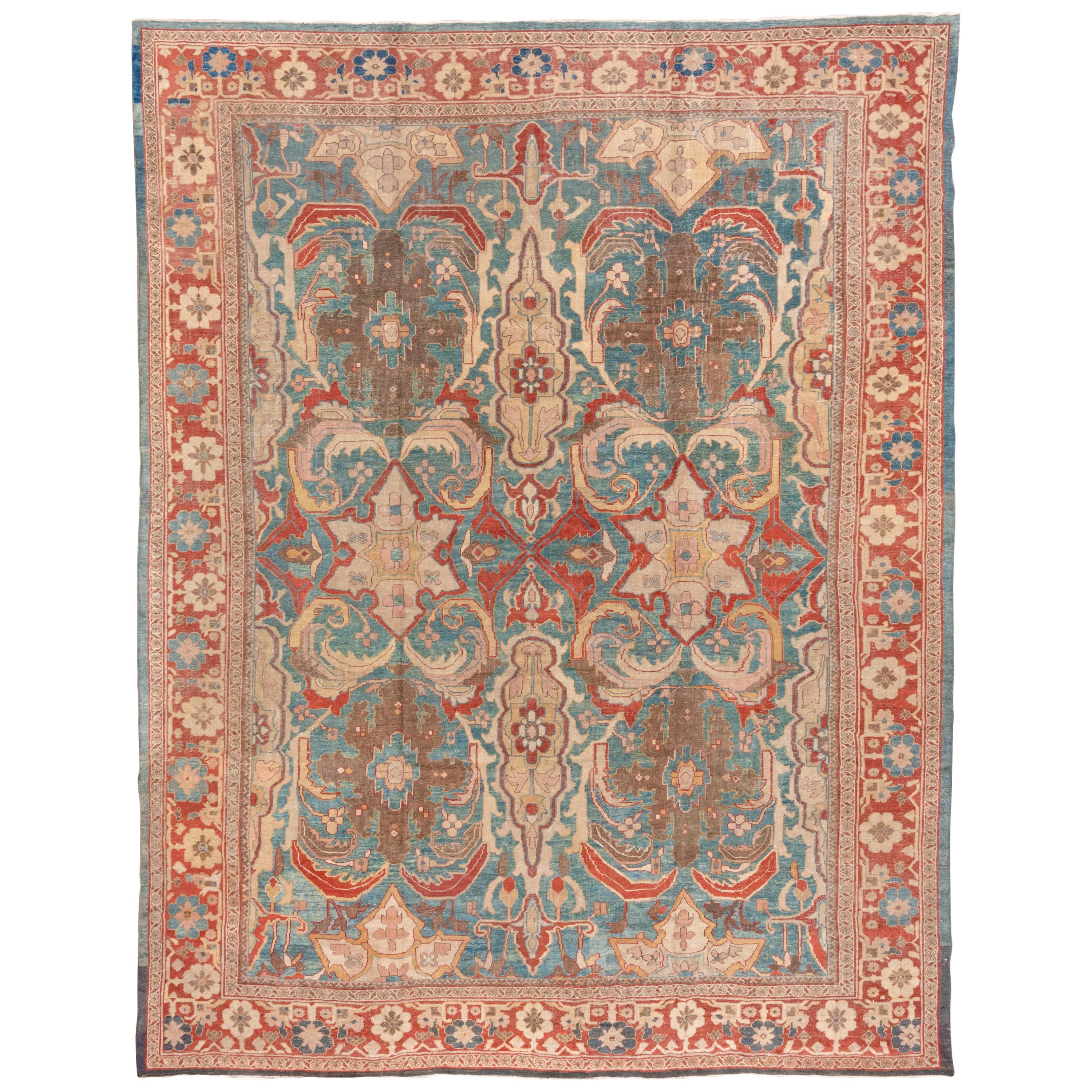 Antique Persian Sultanabad Carpet, Allover Field, Bright Blue Field, Red Border For Sale