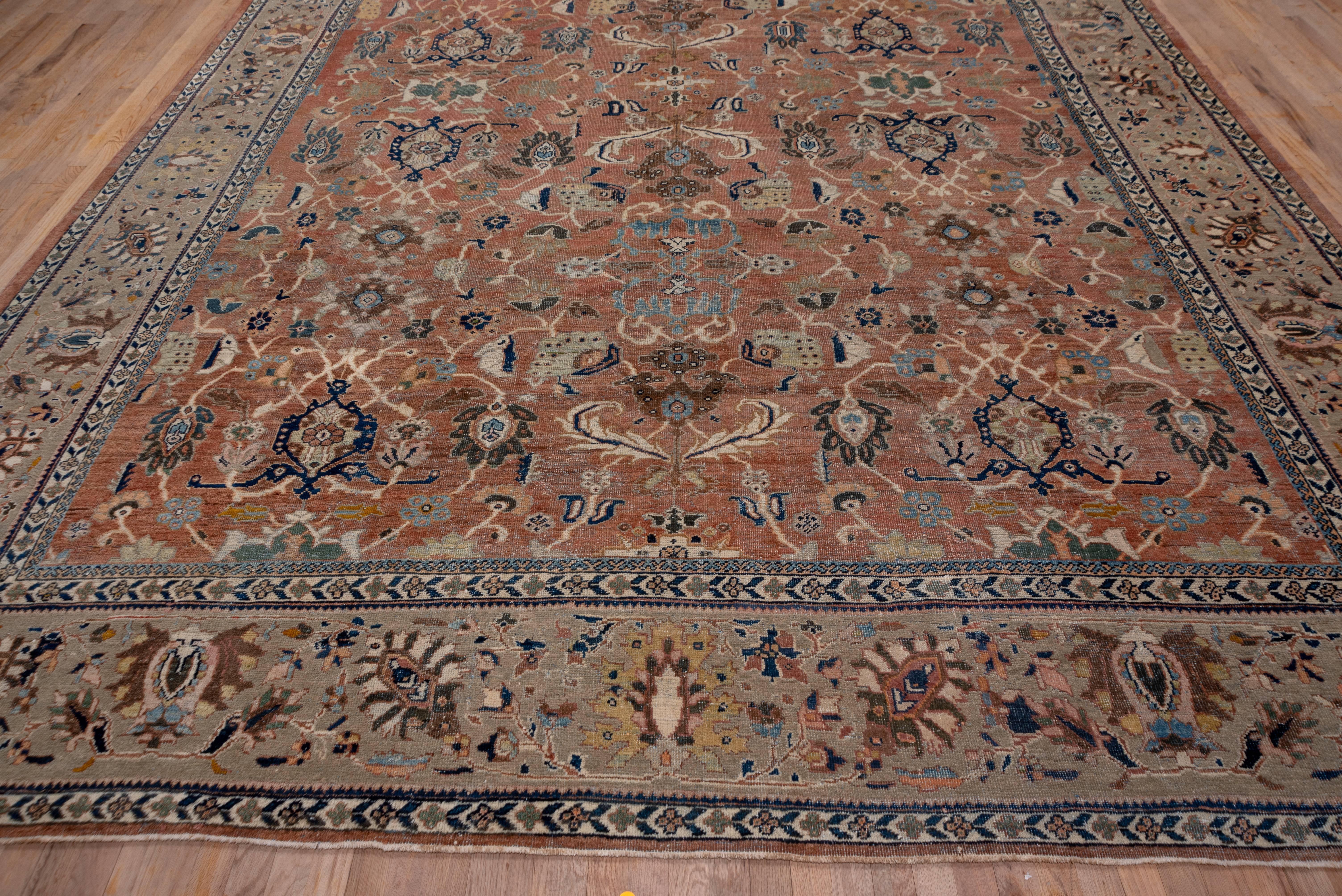 The rust brown field of this informally rendered West Persian village carpet shows an all-over pattern of palmettes, vine segments, rosettes and 