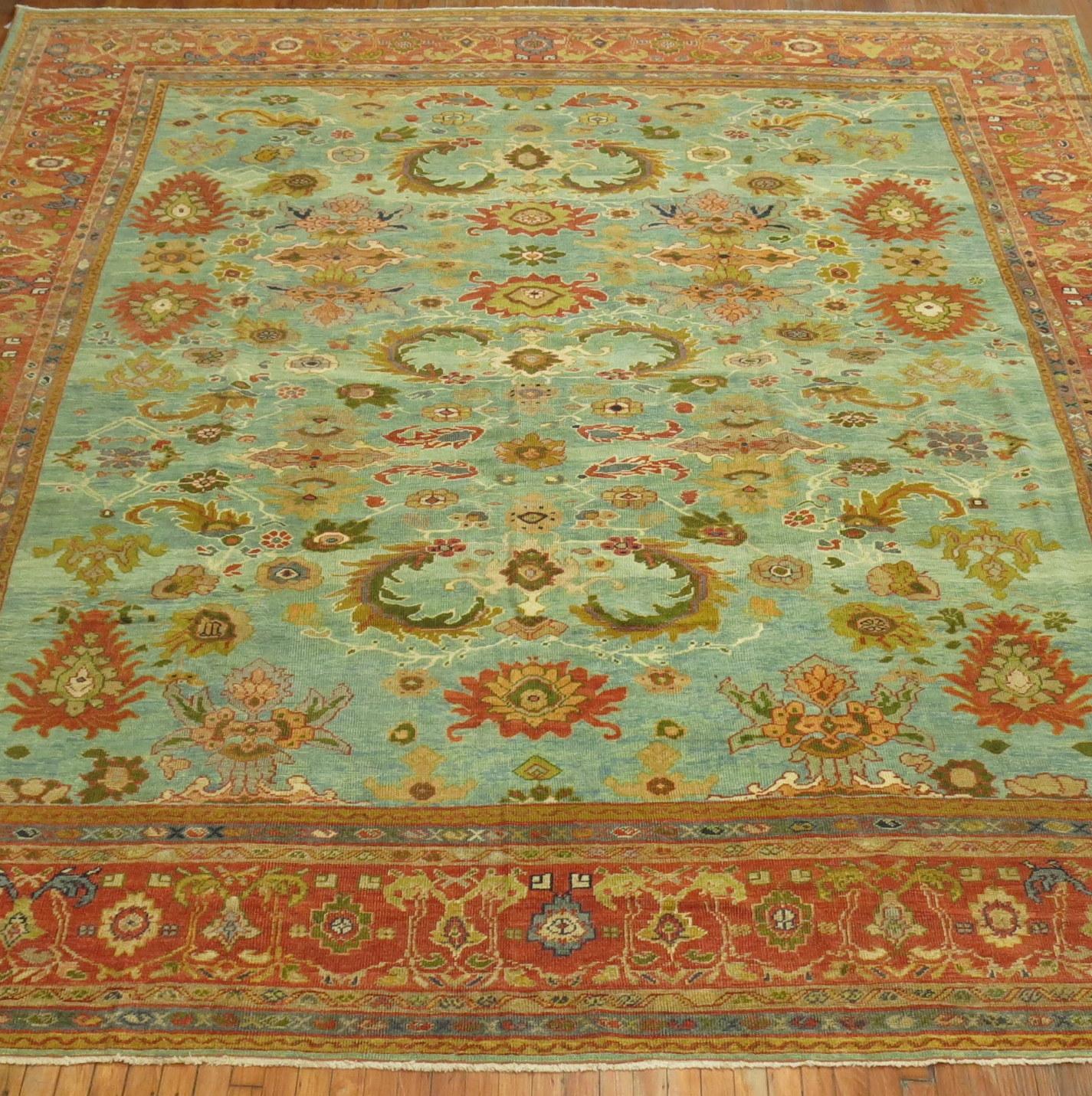 A connoisseur caliber early 20th bright color Persian Mahal Sultanabad carpet with an all-over cobra design

11'9'' x 13'

Woven in a series of villages in Western Central Iran, Sultanabad carpets employ over-scale, spacious all-over patterns that