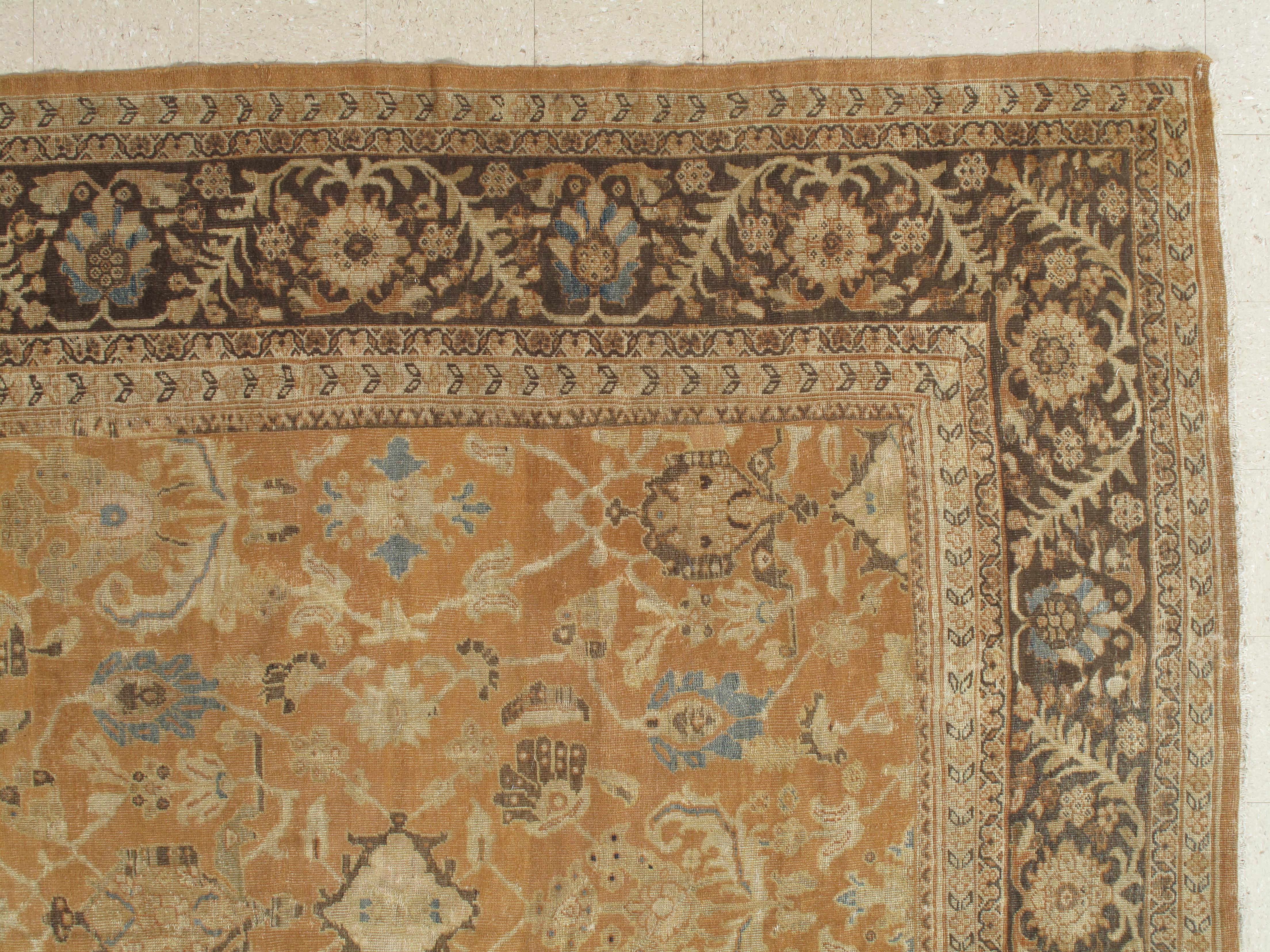 XIXe siècle Tapis persan ancien de Sultanabad, tapis oriental fait à la main, marron, bleu pêche et doux en vente
