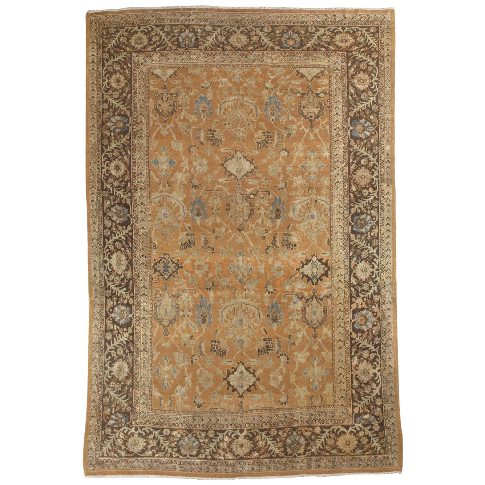 Antique Persian Sultanabad Carpet, Handmade Oriental Rug, Brown, Peach Soft Blue For Sale
