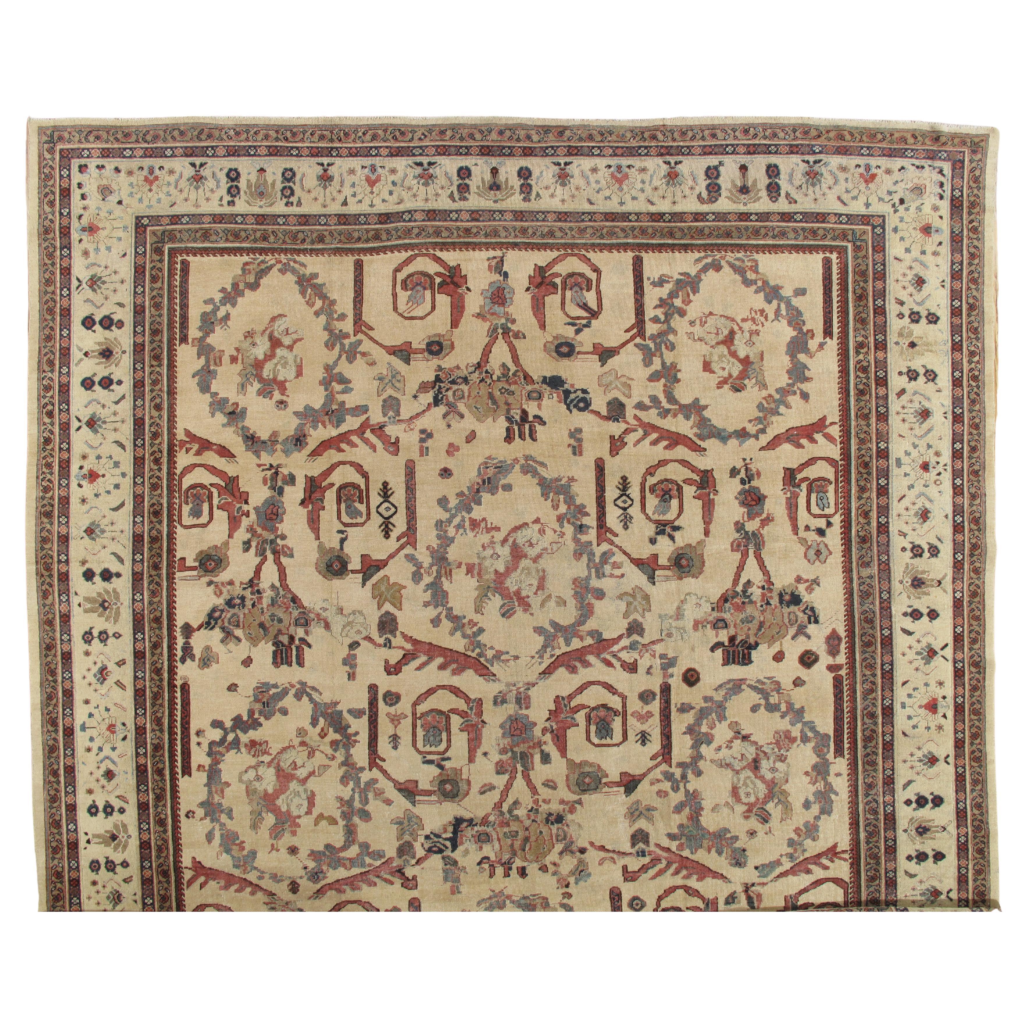 Antique Persian Sultanabad Carpet Handmade Oriental Rug, Ivory, Gold, Green Blue
