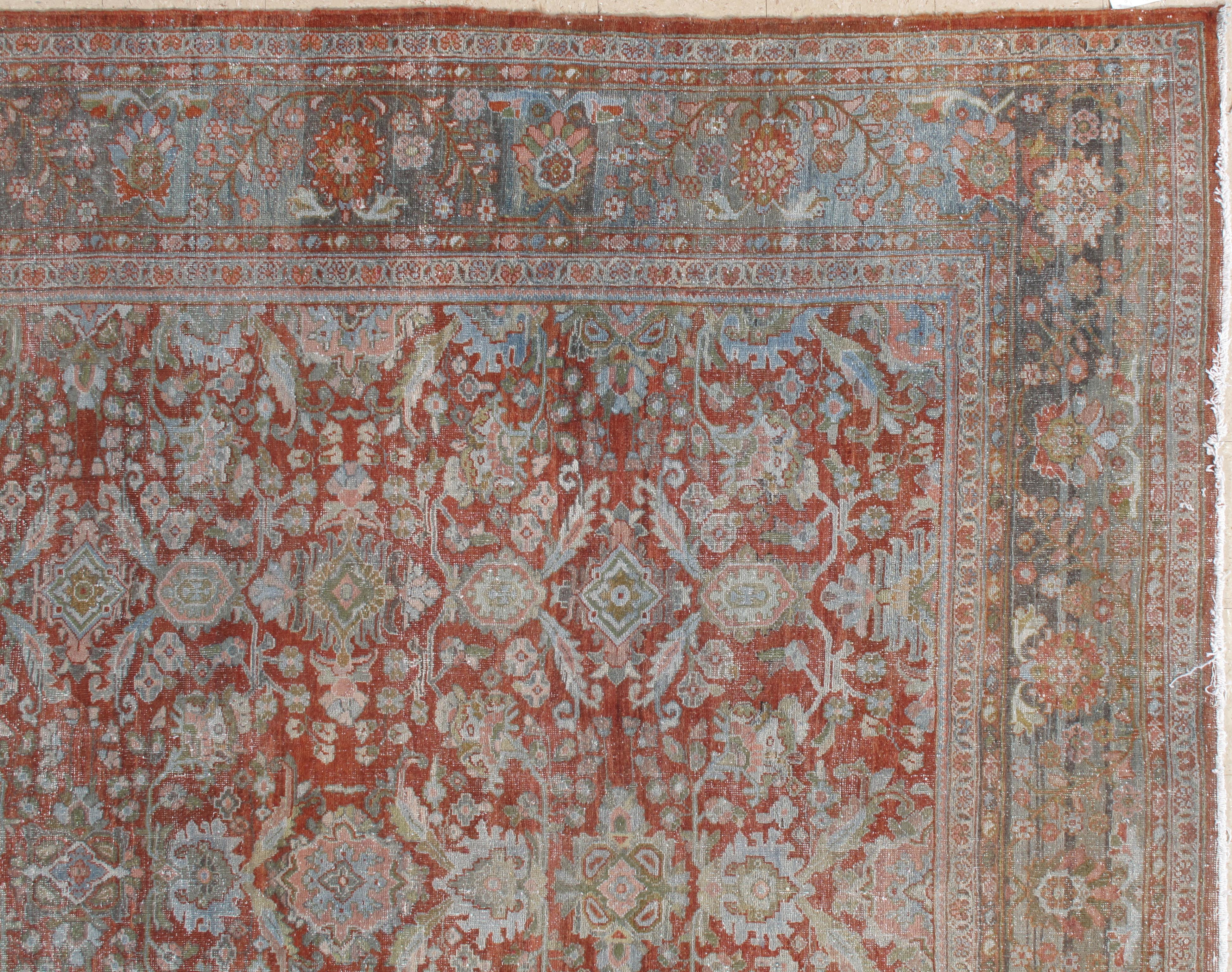 Hand-Knotted Antique Persian Sultanabad Carpet, Handmade Oriental Rug, Light Blue, Rust, Gray For Sale