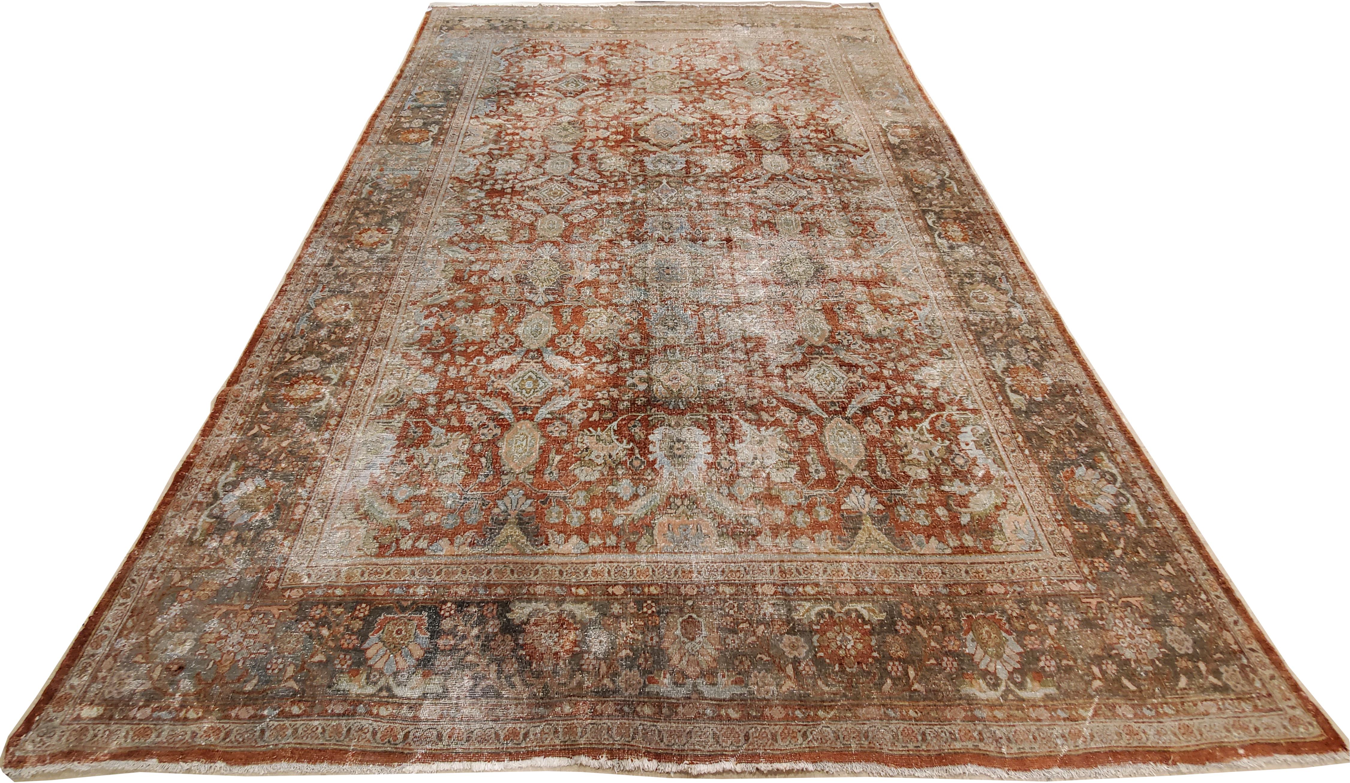 Antique Persian Sultanabad Carpet, Handmade Oriental Rug, Light Blue, Rust, Gray In Fair Condition For Sale In Port Washington, NY
