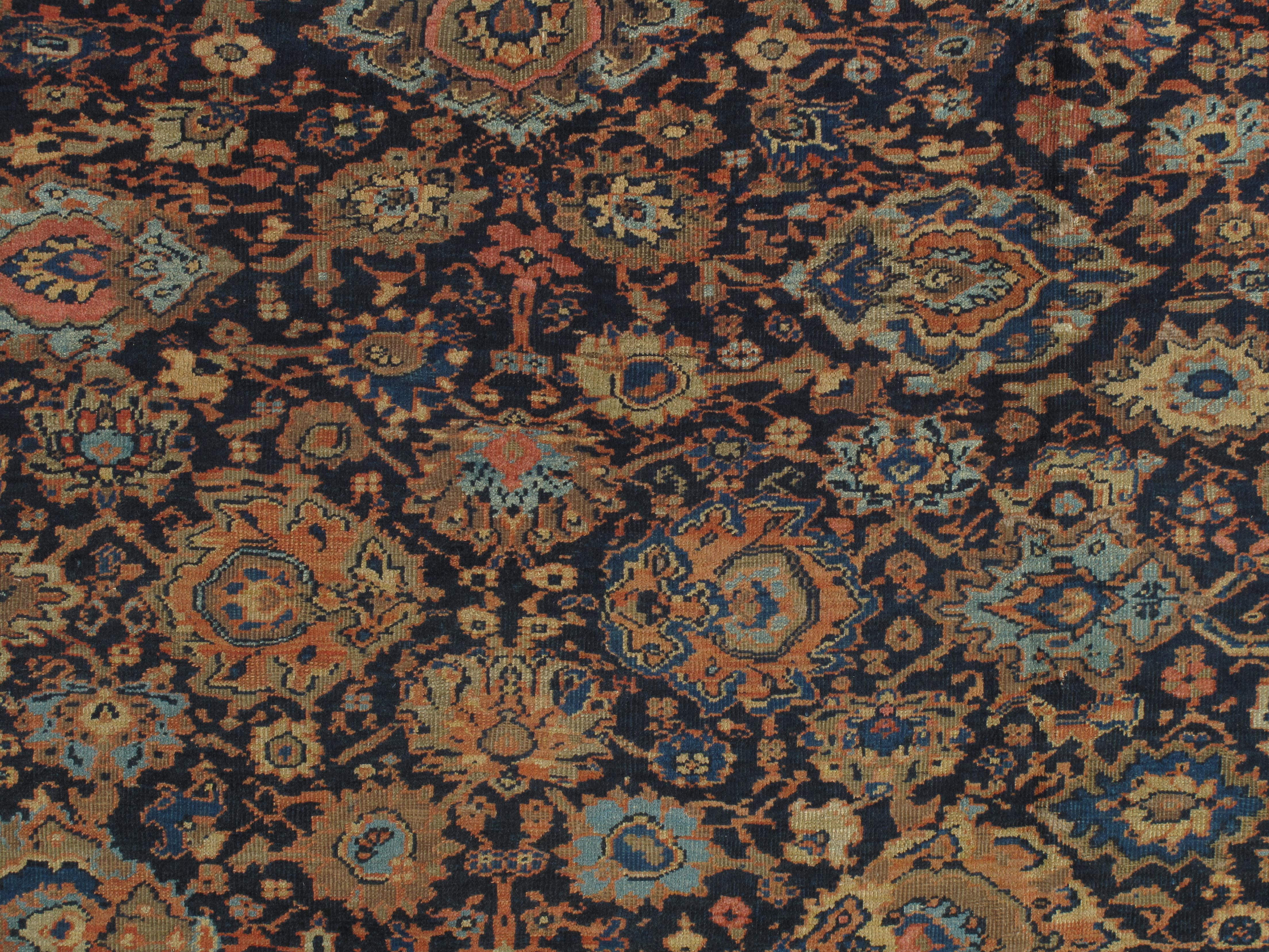 Antique Persian Sultanabad Carpet, Handmade Oriental Rug, Navy Blue, Rust, Gold For Sale 5