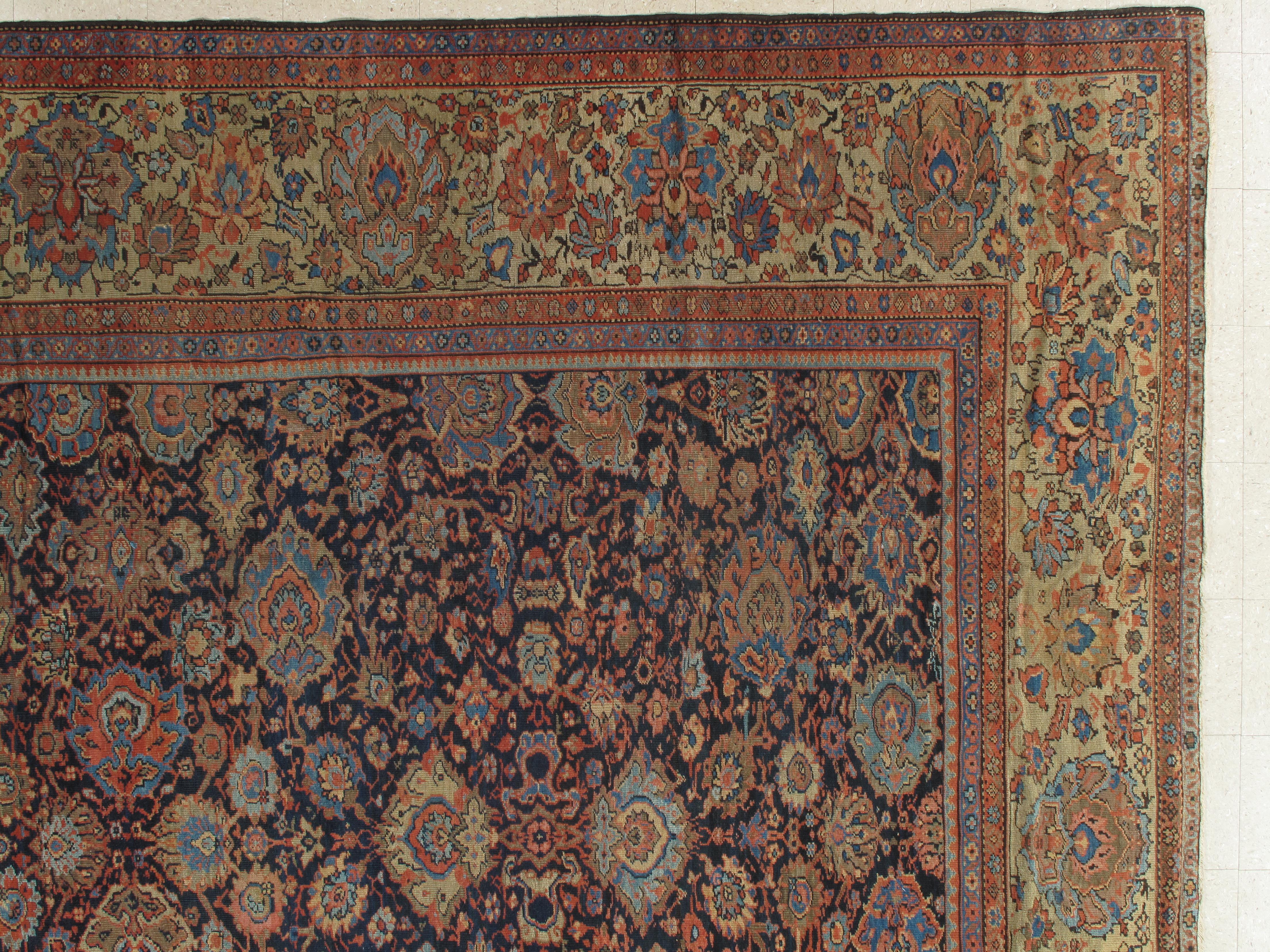 Antique Persian Sultanabad Carpet, Handmade Oriental Rug, Navy Blue, Rust, Gold For Sale 6