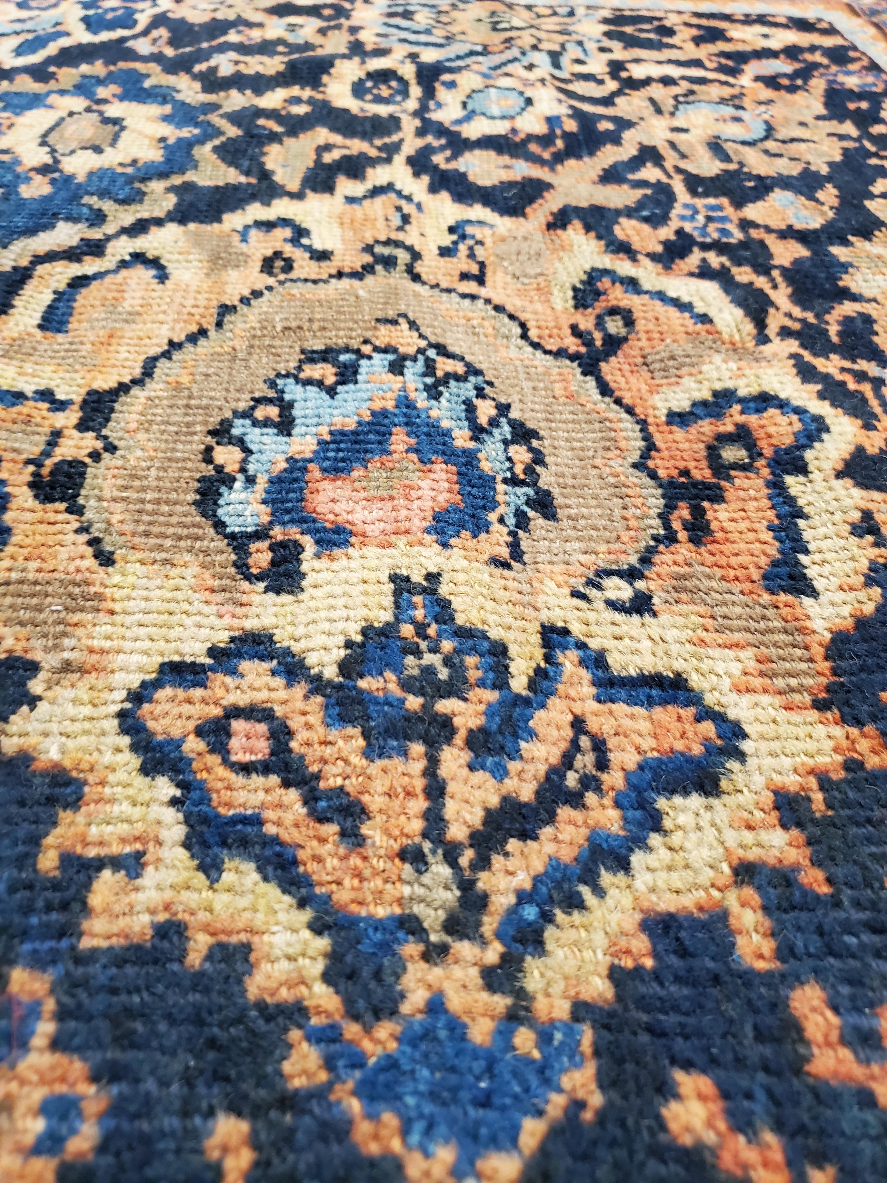 19th Century Antique Persian Sultanabad Carpet, Handmade Oriental Rug, Navy Blue, Rust, Gold For Sale