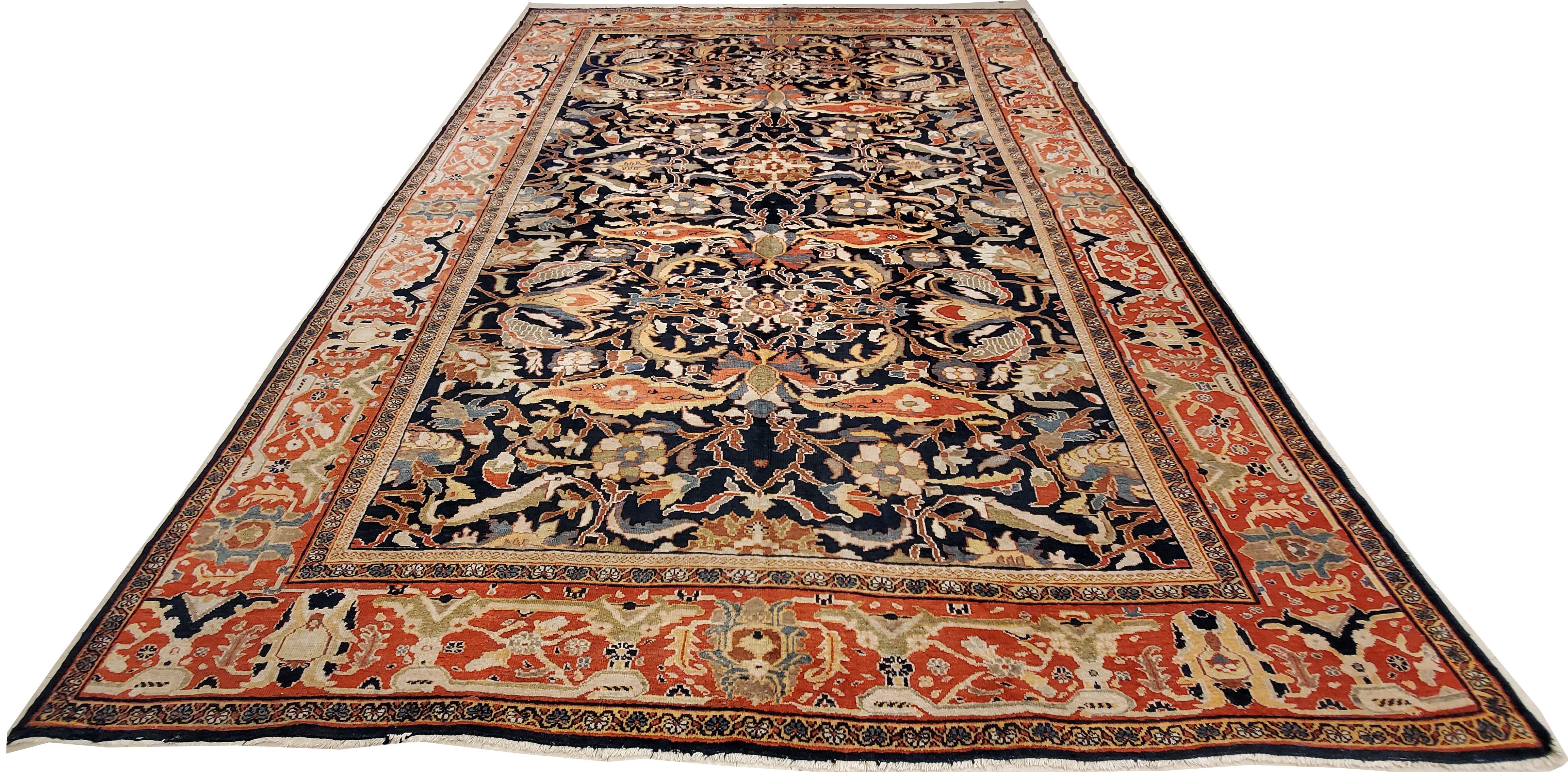 Wool Antique Persian Sultanabad Carpet, Handmade Oriental Rug, Navy Blue, Rust, Gold For Sale