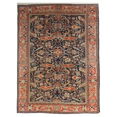 Tapis persan ancien de Sultanabad, tapis oriental fait à la main, bleu marine, rouille et or