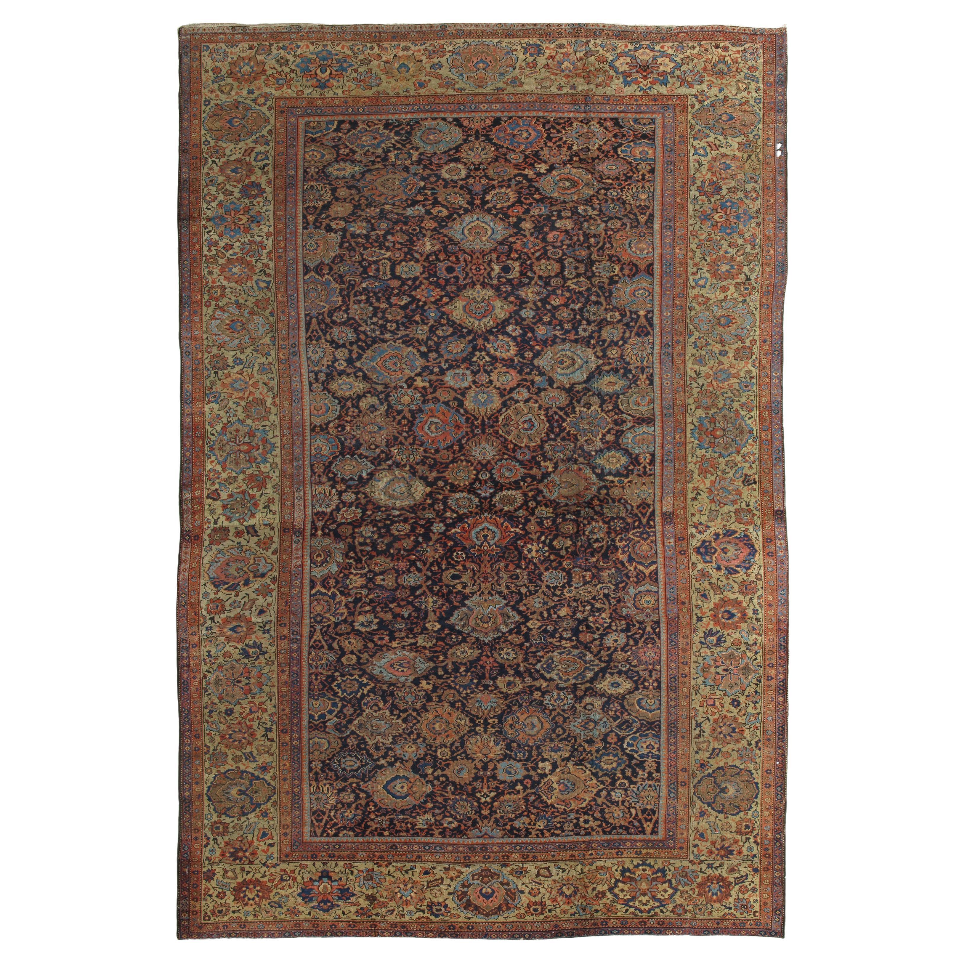 Antiker persischer Sultanabad-Teppich, handgefertigter orientalischer Teppich, Marineblau, Rost, Gold