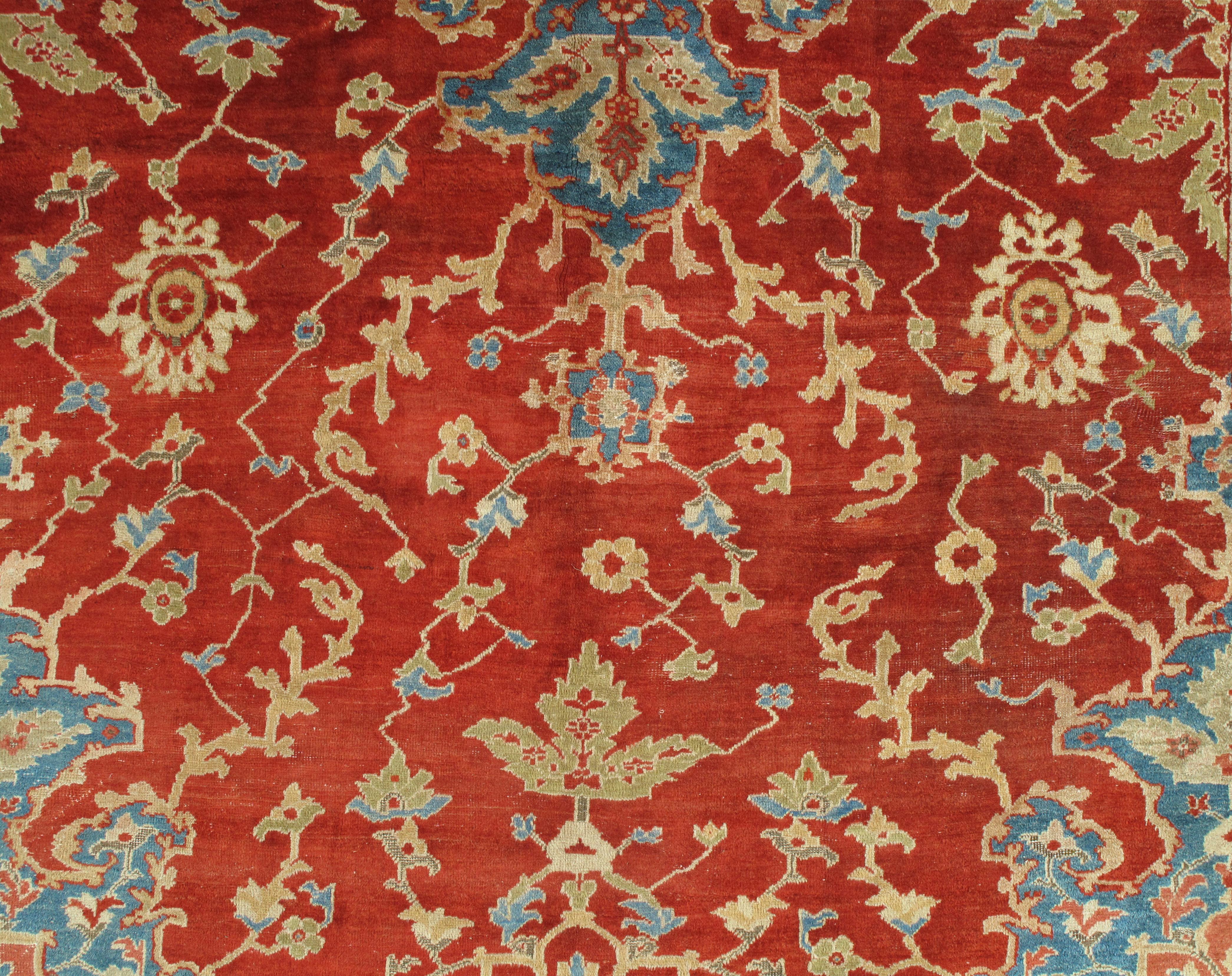 Antique Persian Sultanabad Carpet, Handmade Oriental Rug, Red, Light Blue & Gold For Sale 9