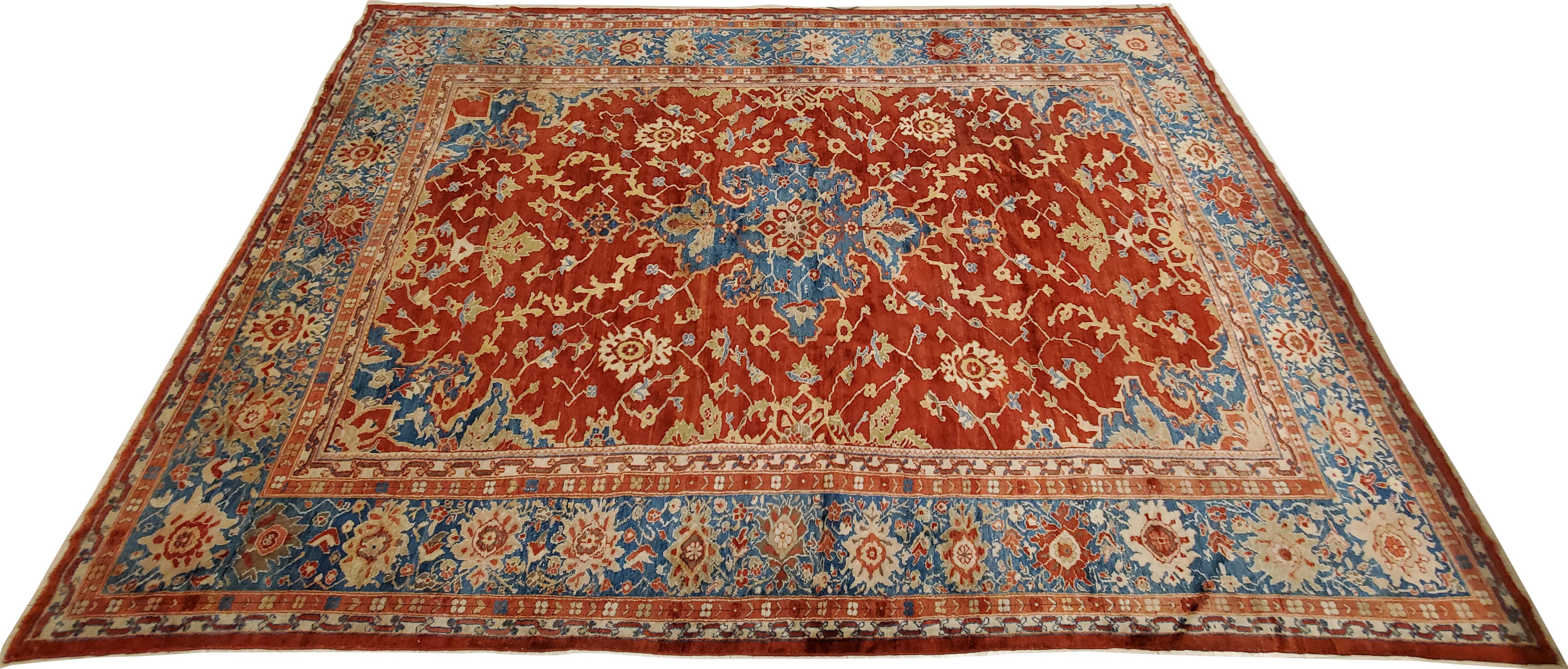 Antique Persian Sultanabad Carpet, Handmade Oriental Rug, Red, Light Blue & Gold In Good Condition For Sale In Port Washington, NY