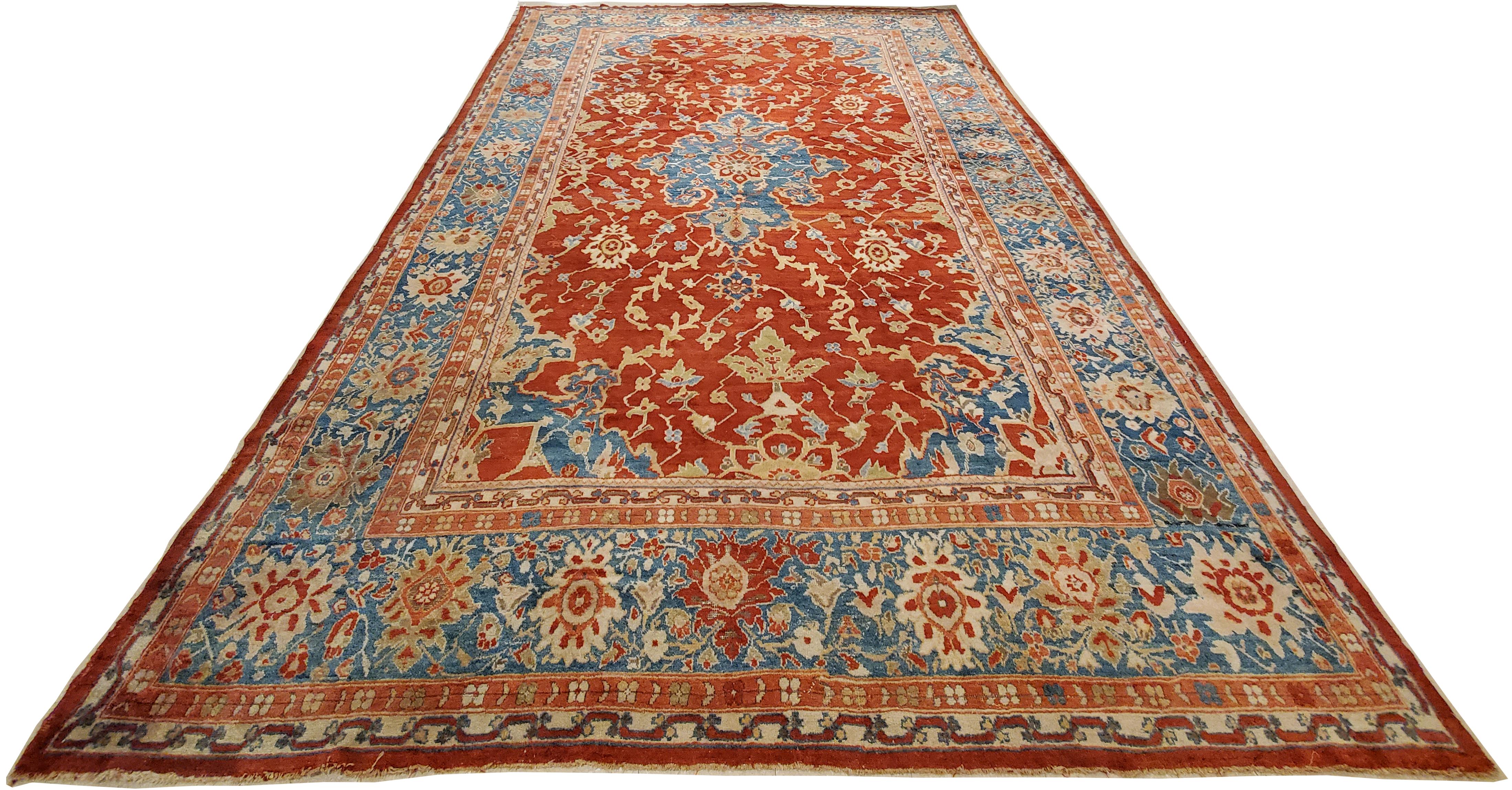 19th Century Antique Persian Sultanabad Carpet, Handmade Oriental Rug, Red, Light Blue & Gold For Sale