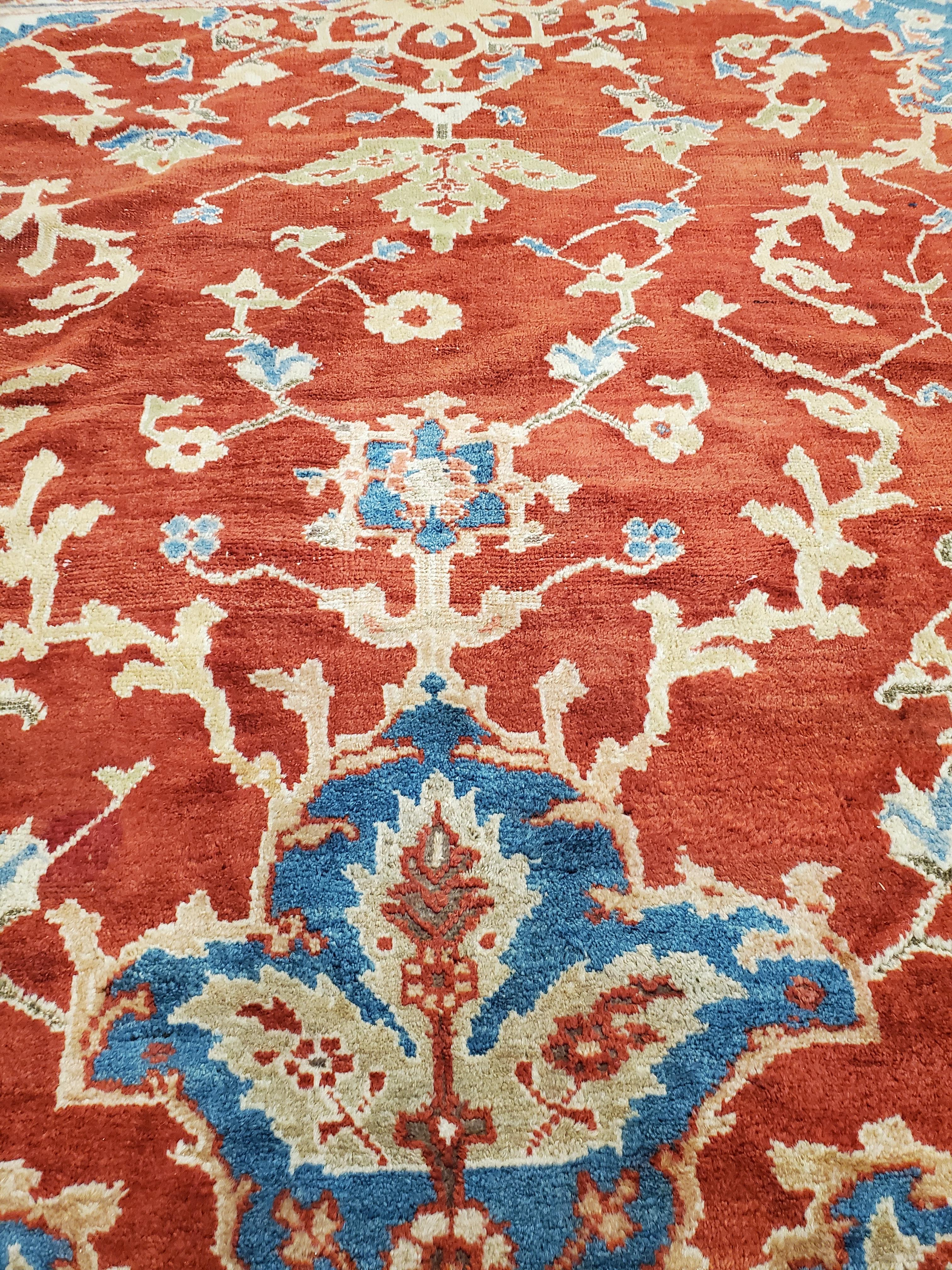 Wool Antique Persian Sultanabad Carpet, Handmade Oriental Rug, Red, Light Blue & Gold For Sale