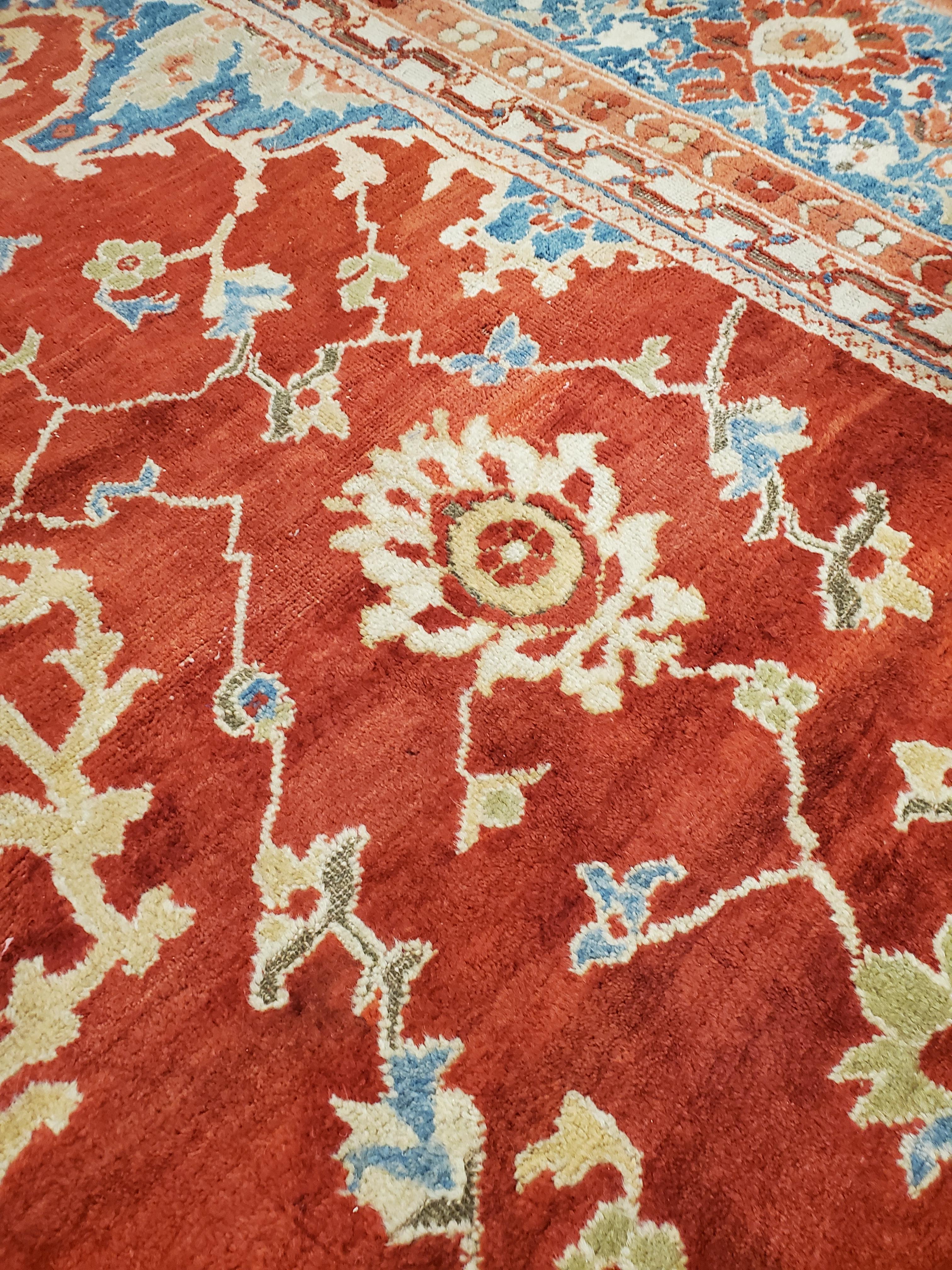 Antique Persian Sultanabad Carpet, Handmade Oriental Rug, Red, Light Blue & Gold For Sale 1